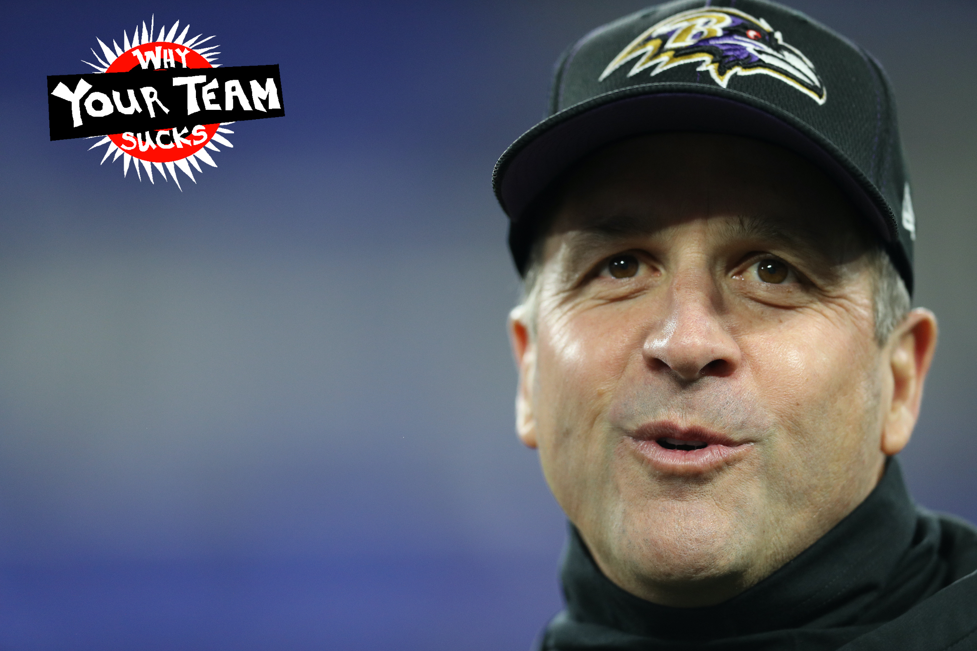 BALTIMORE, MARYLAND - DECEMBER 12: Head coach John Harbaugh of the Baltimore Ravens prepares with the team before the game against the New York Jets at M&amp;T Bank Stadium on December 12, 2019 in Baltimore, Maryland. (Photo by Patrick Smith/Getty Images)
