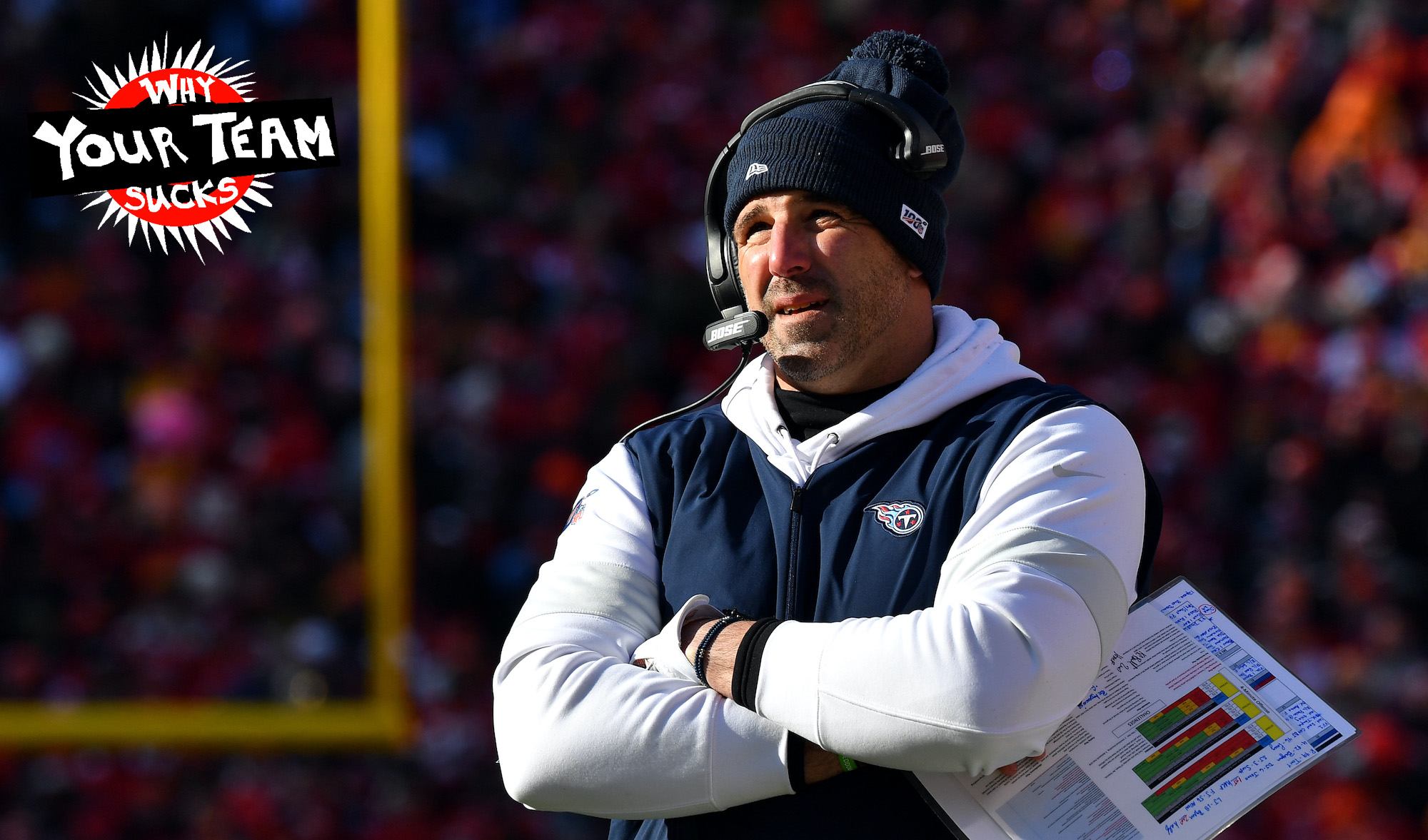KANSAS CITY, MISSOURI - JANUARY 19: Head coach Mike Vrabel of the Tennessee Titans looks on in the first half against the Kansas City Chiefs in the AFC Championship Game at Arrowhead Stadium on January 19, 2020 in Kansas City, Missouri. (Photo by Peter Aiken/Getty Images)
