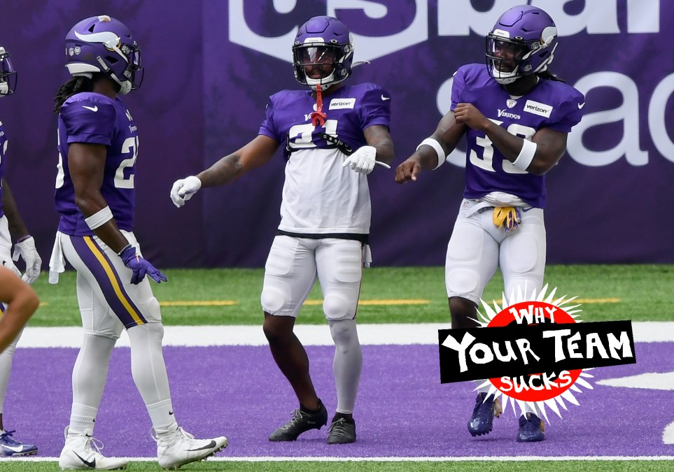 MINNEAPOLIS, MINNESOTA - AUGUST 28: (L-R) Running backs Alexander Mattison #25, Ameer Abdullah #31 and Dalvin Cook #33 of the Minnesota Vikings dance during training camp on August 28, 2020 at U.S. Bank Stadium in Minneapolis, Minnesota. (Photo by Hannah Foslien/Getty Images)