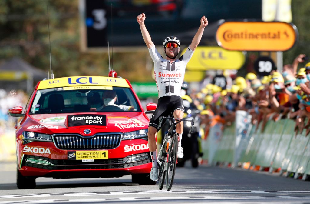 Marc Hirschi in victory at the Tour de France.