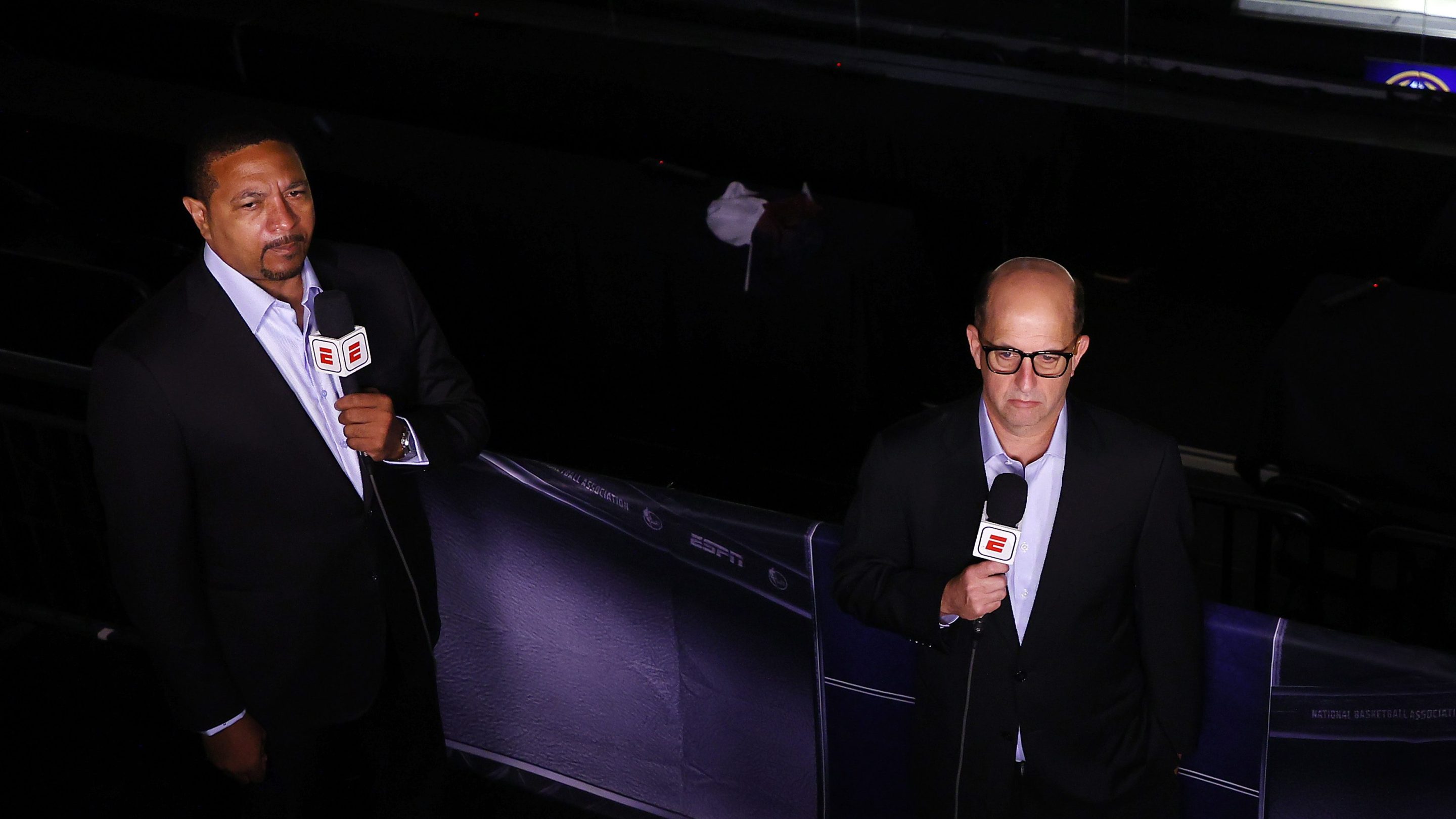 Mark Jackson and Jeff Van Gundy work the ESPN broadcast of an NBA playoff game in the Orlando bubble.