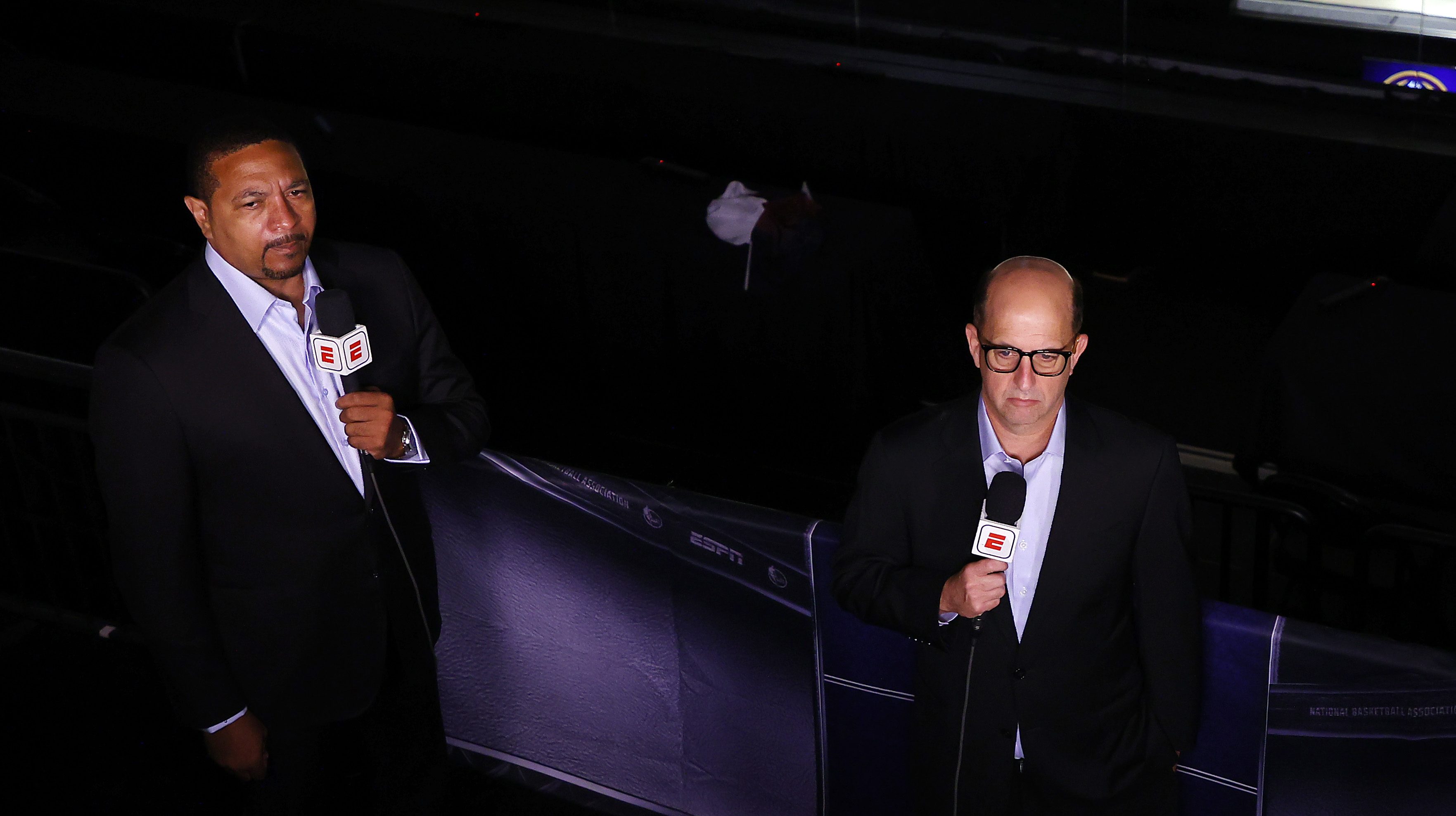 Mark Jackson and Jeff Van Gundy work the ESPN broadcast of an NBA playoff game in the Orlando bubble.