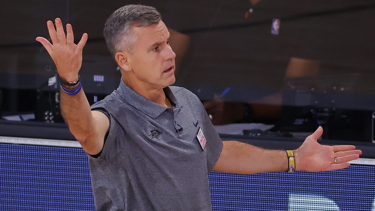 Billy Donovan of the Oklahoma City Thunder reacts against the Houston Rockets during the fourth quarter in Game Four of the Western Conference First Round during the 2020 NBA Playoffs at AdventHealth Arena at ESPN Wide World Of Sports Complex on August 24, 2020 in Lake Buena Vista, Florida.