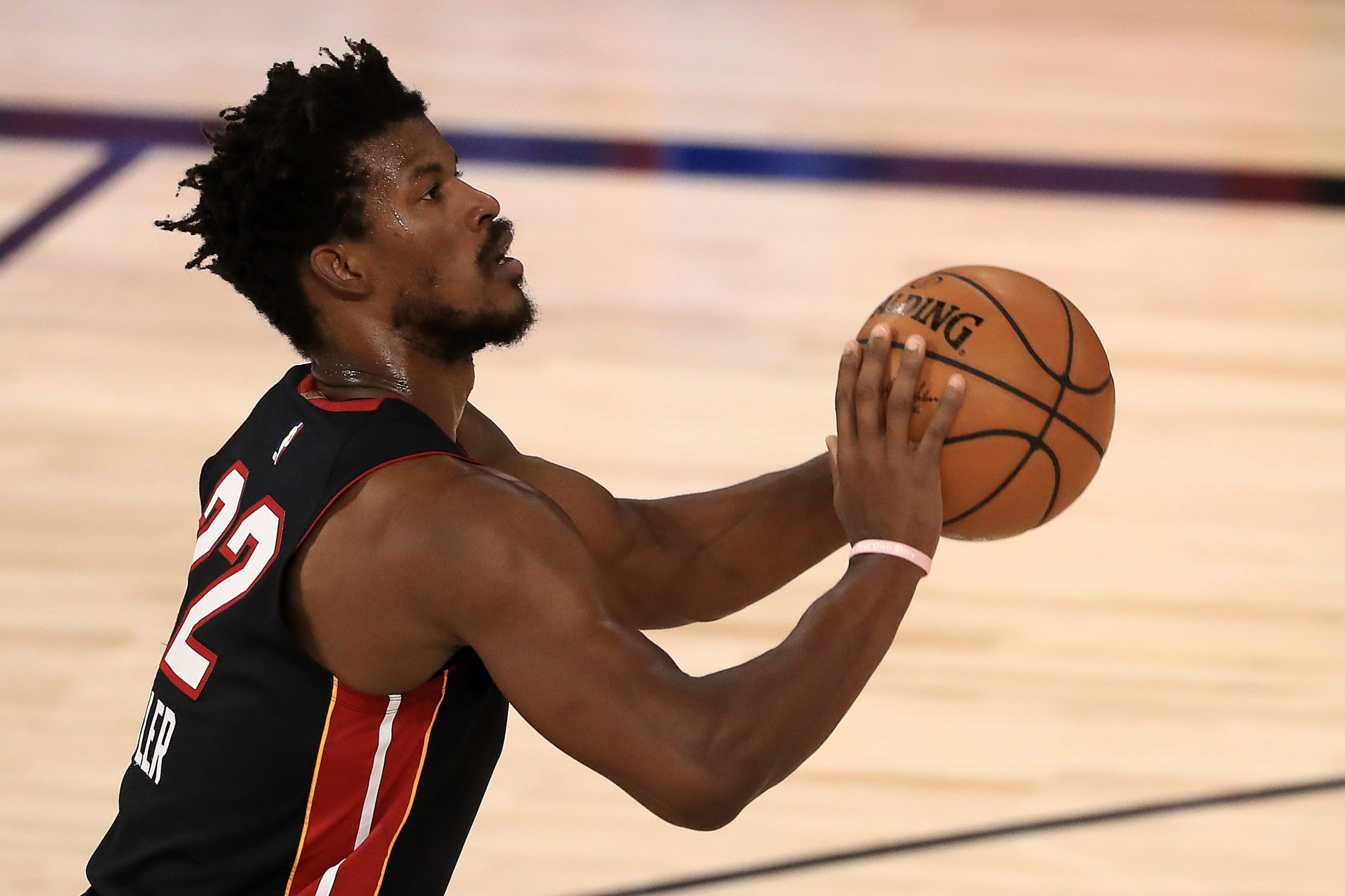 Jimmy Butler of the Miami Heat lines up another free throw during a playoff series against the Milwaukee Bucks.