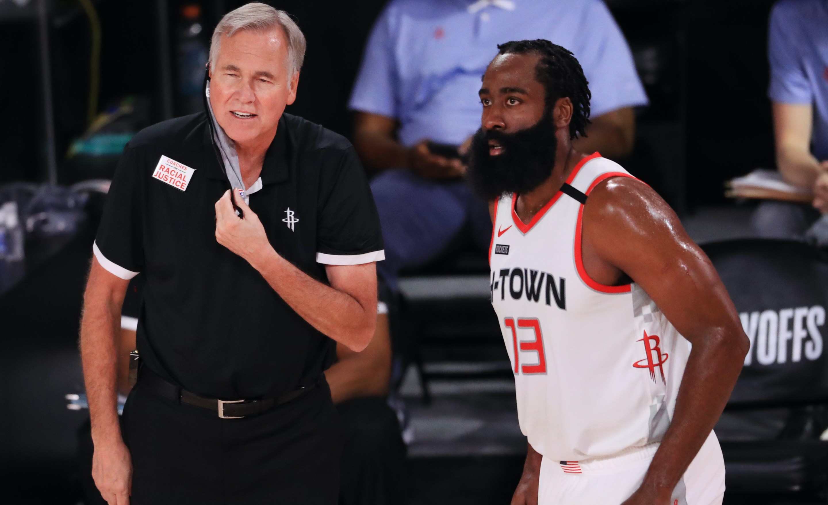 LAKE BUENA VISTA, FLORIDA - SEPTEMBER 04: Mike D'Antoni of the Houston Rockets reacts to James Harden #13 of the Houston Rockets during the second quarter in Game One of the Western Conference Second Round during the 2020 NBA Playoffs at AdventHealth Arena at the ESPN Wide World Of Sports Complex on September 04, 2020 in Lake Buena Vista, Florida. NOTE TO USER: User expressly acknowledges and agrees that, by downloading and or using this photograph, User is consenting to the terms and conditions of the Getty Images License Agreement. (Photo by Mike Ehrmann/Getty Images)