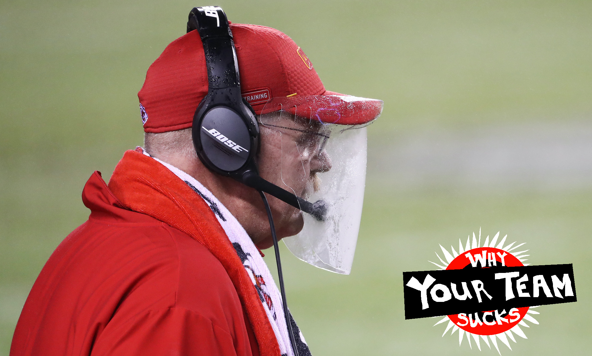 KANSAS CITY, MISSOURI - SEPTEMBER 10: Head coach Andy Reid of the Kansas City Chiefs looks on through a plastic shield during the fourth quarter against the Houston Texans at Arrowhead Stadium on September 10, 2020 in Kansas City, Missouri. (Photo by Jamie Squire/Getty Images)