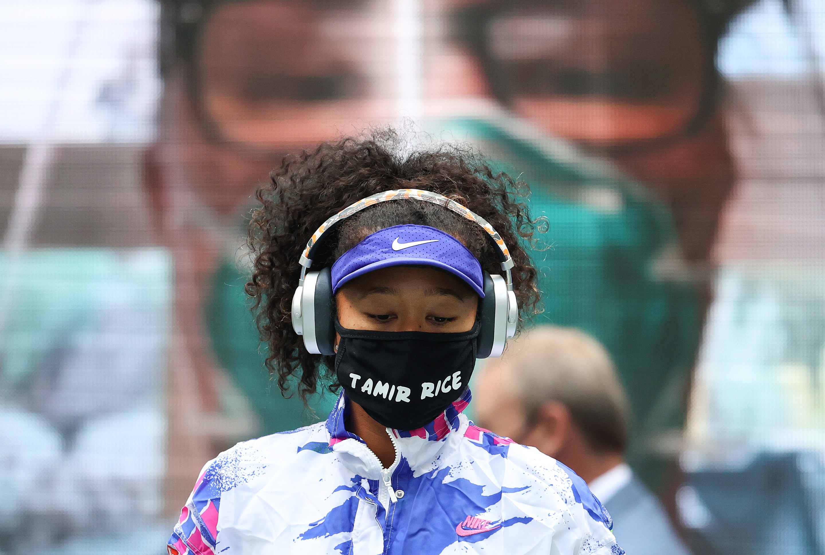 Naomi Osaka wears a mask with the name of Tamir Rice, who was killed in a 2014 police shooting.
