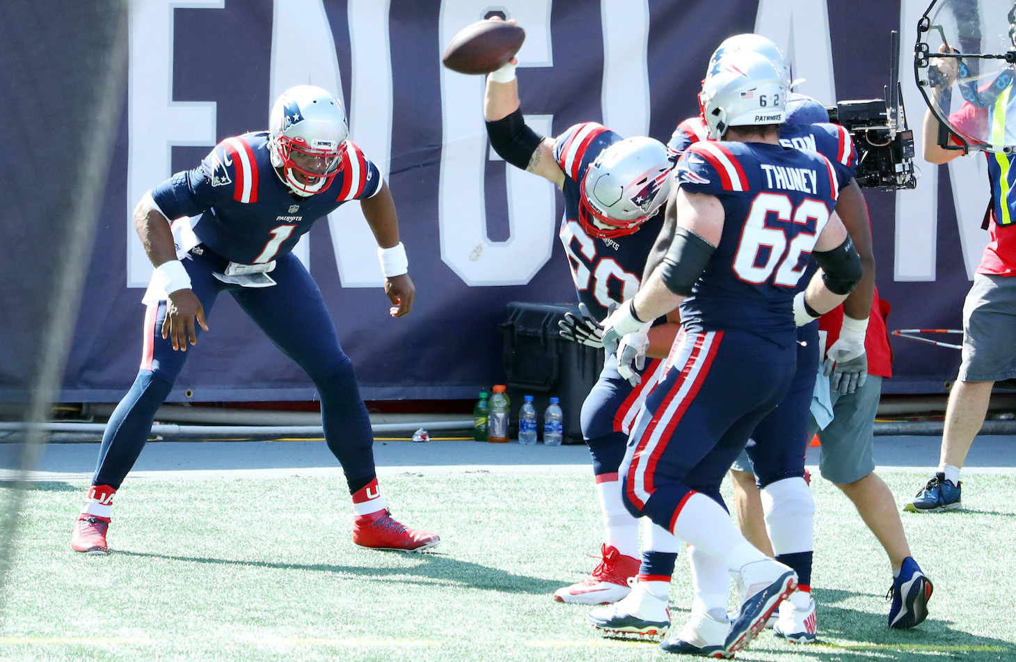 Cam Newton celebrates touchdown with Patriots teammates