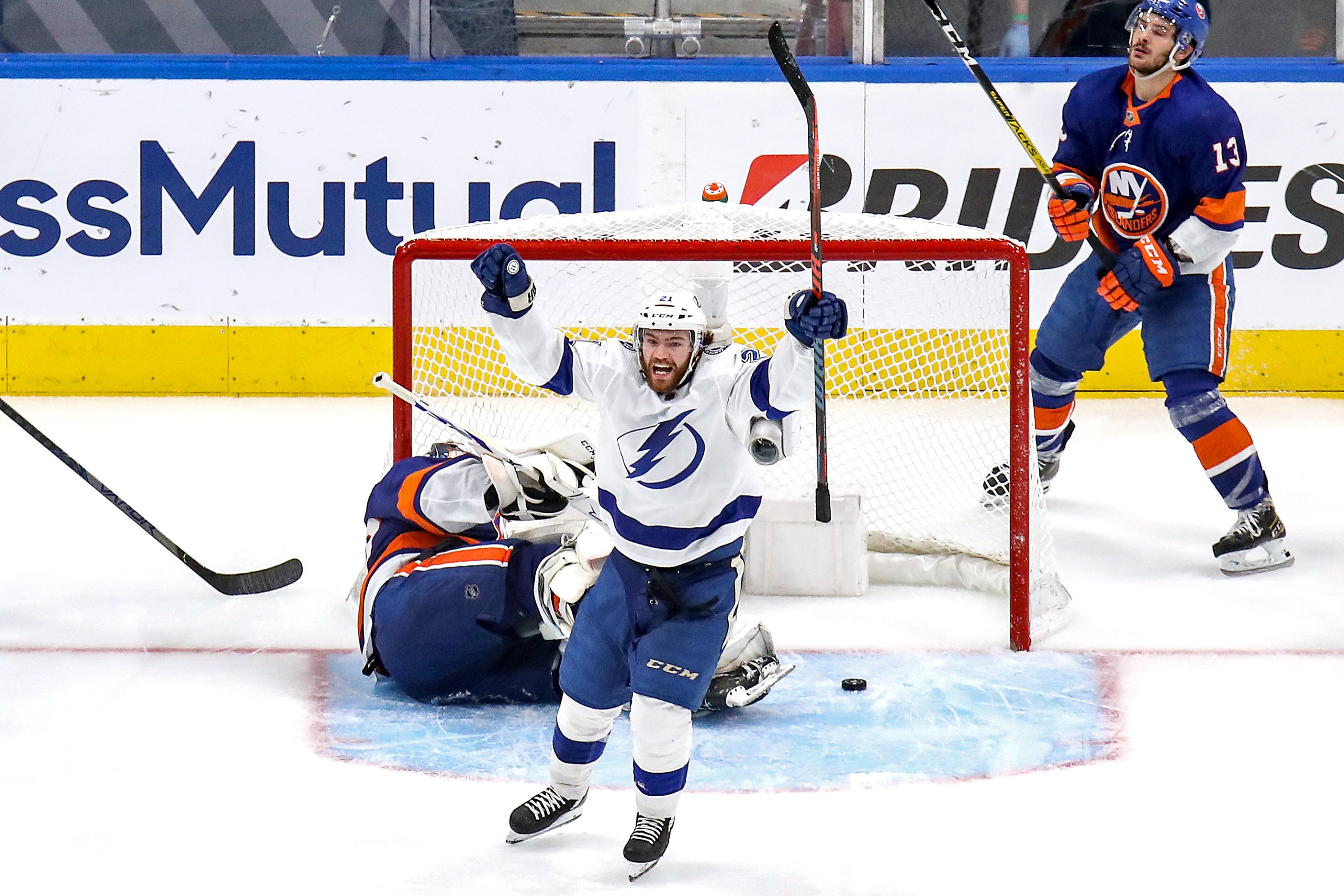 Brayden Point of the Tampa Bay Lightning celebrates after scoring a goal past Semyon Varlamov of the New York Islanders