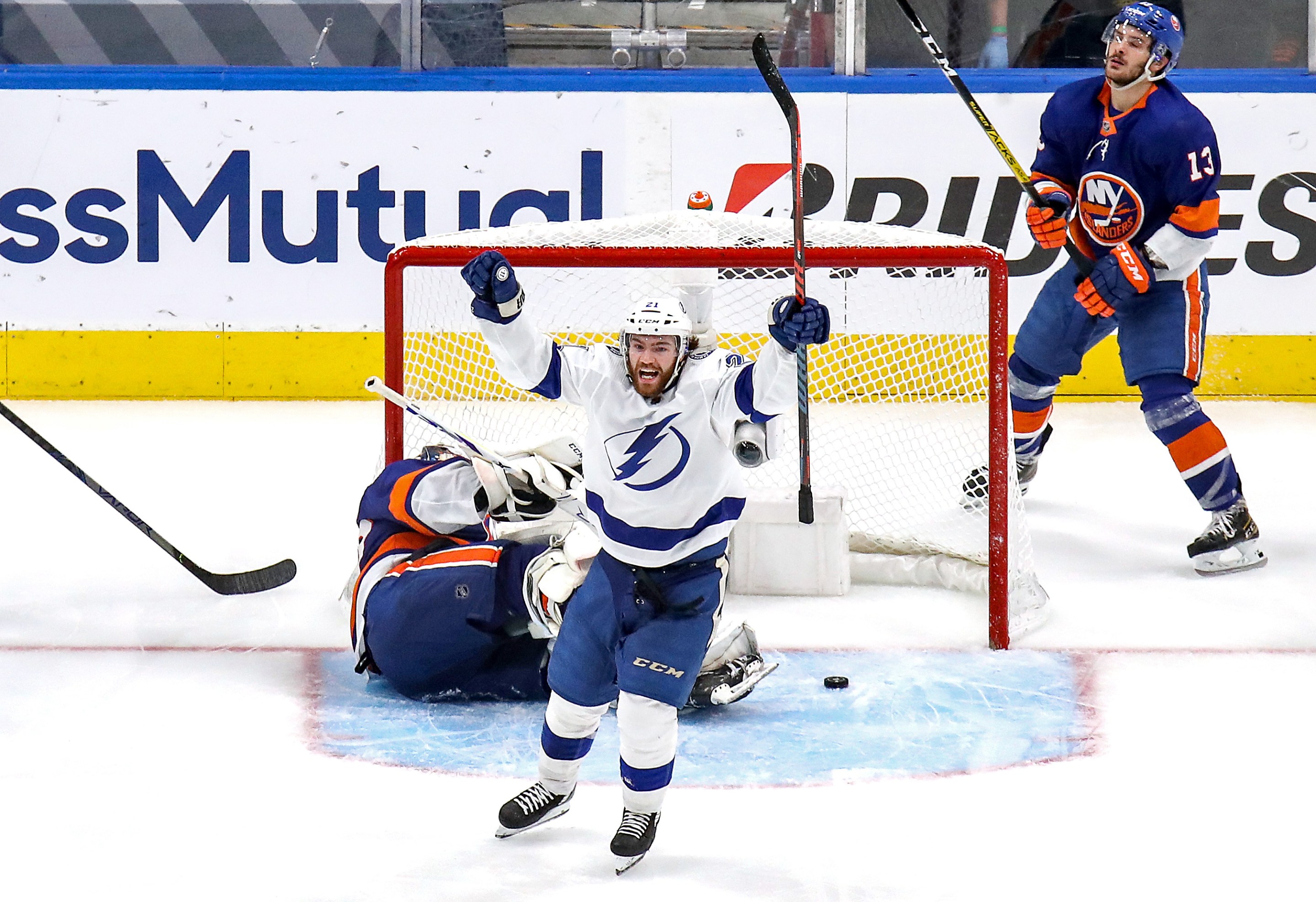Brayden Point of the Tampa Bay Lightning celebrates after scoring a goal past Semyon Varlamov of the New York Islanders