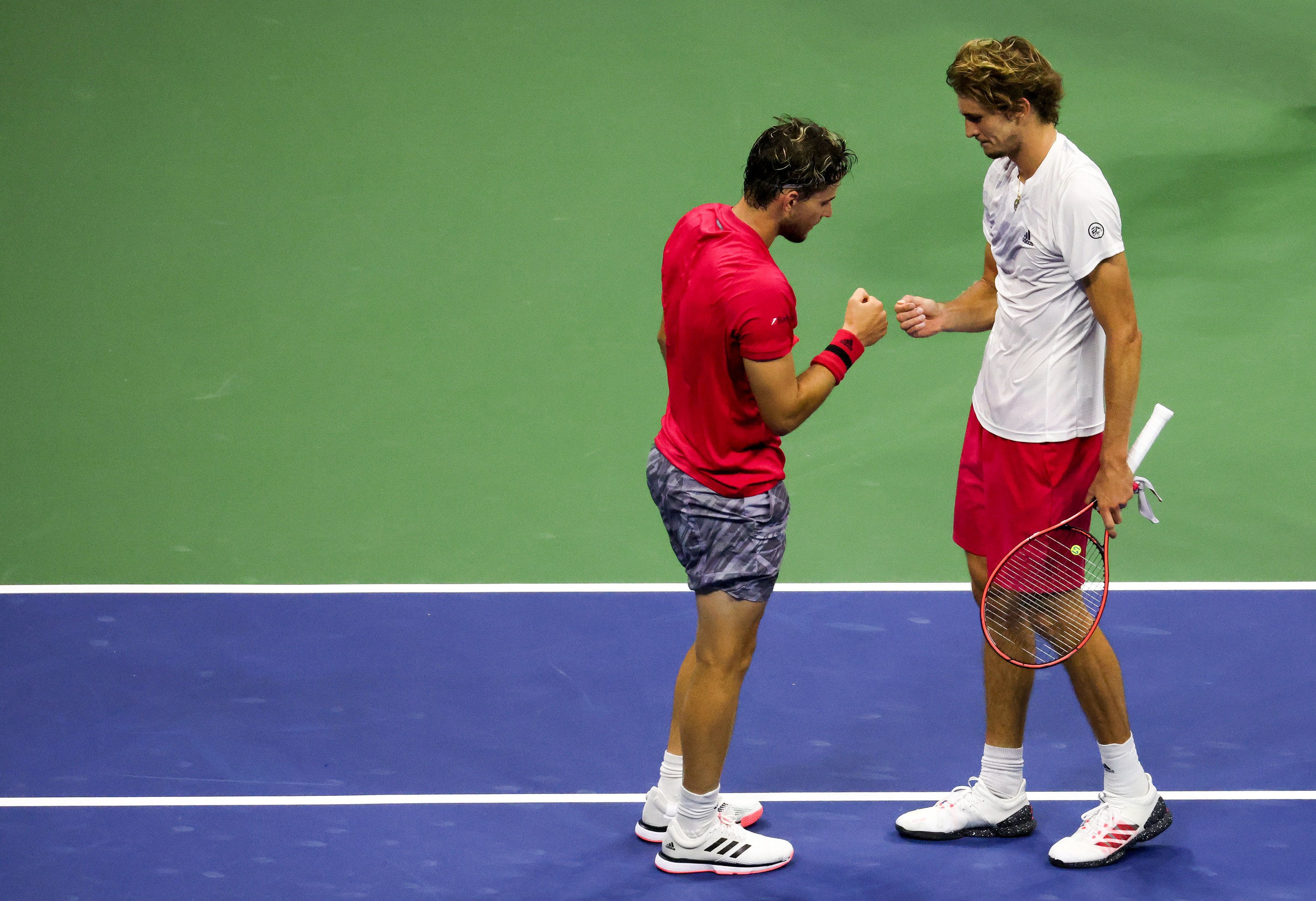 Dominic Thiem and Sascha Zverev bump fists after the 2020 U.S. Open final.