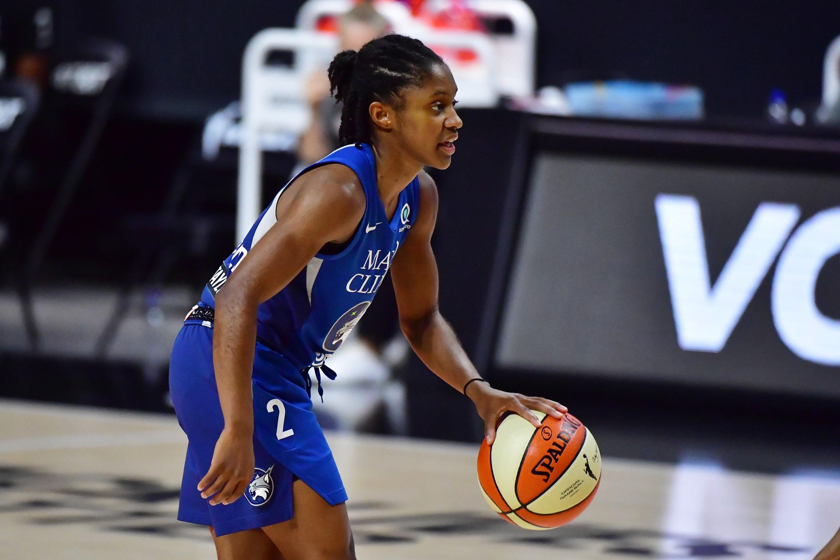 Crystal Dangerfield #2 of the Minnesota Lynx dribbles during the second half against the Phoenix Mercury in Game One of their Second Round playoff at Feld Entertainment Center on September 17, 2020 in Palmetto, Florida.