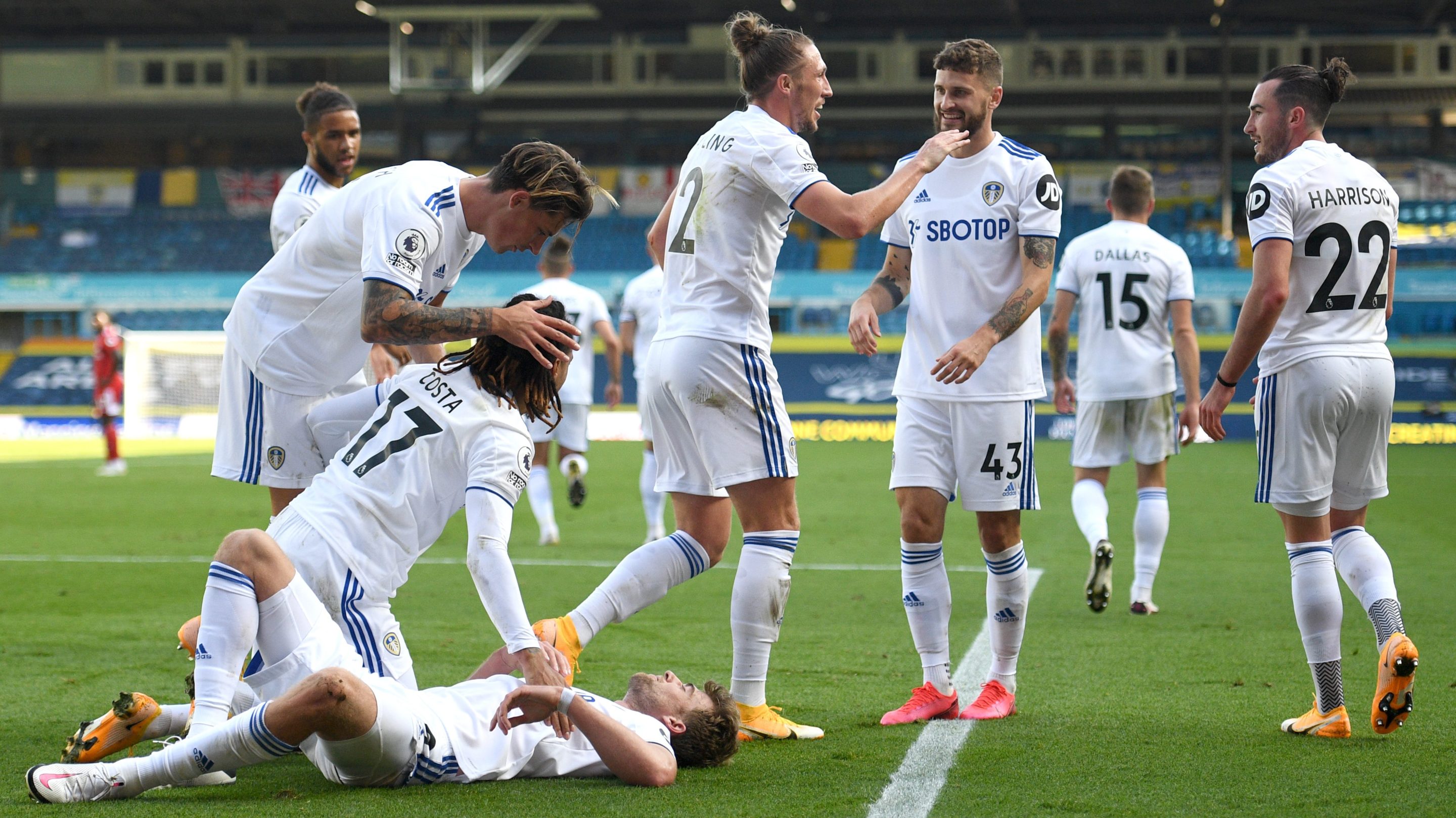 Leeds United celebrates after scoring against Fulham
