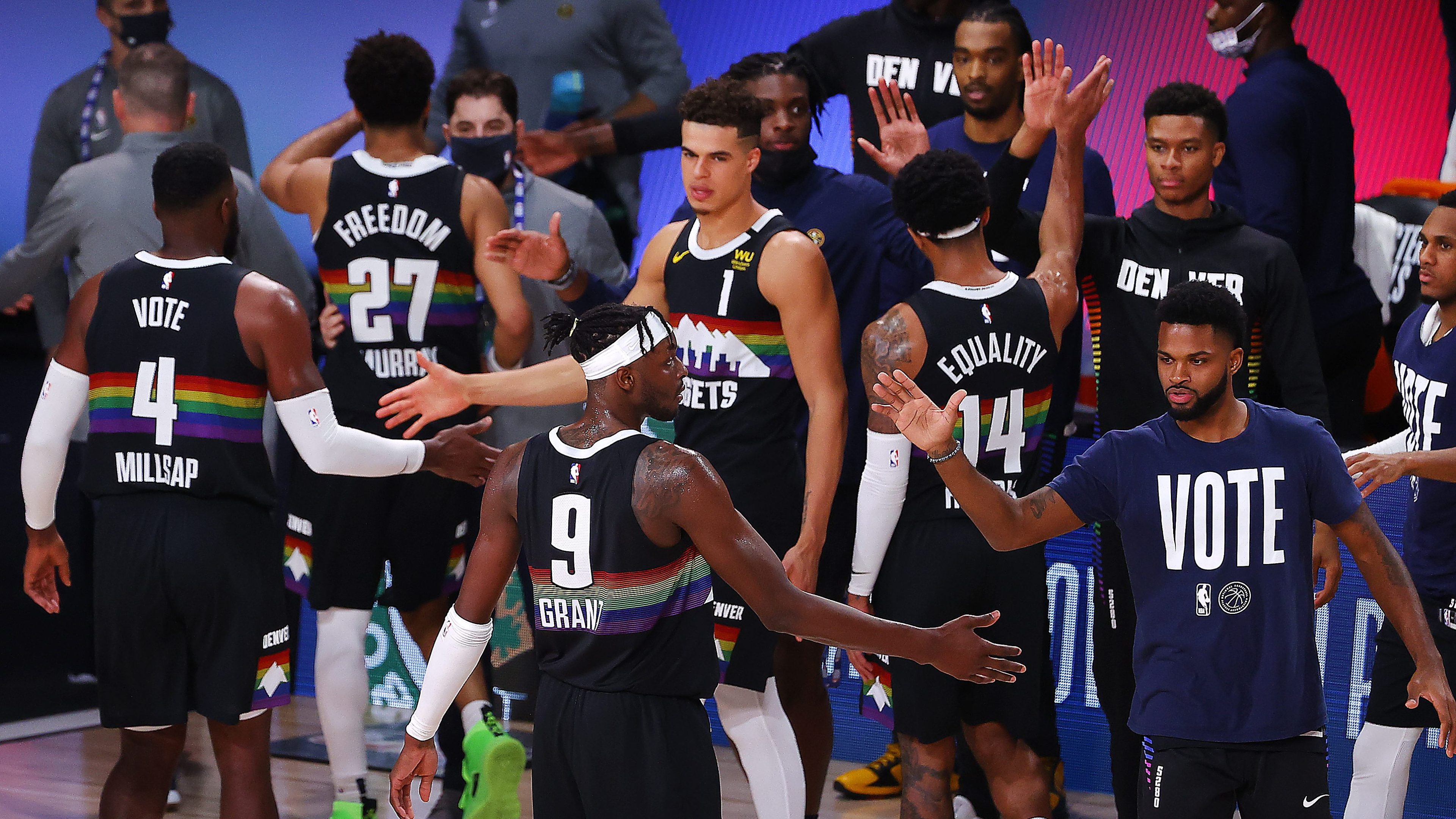 Denver Nuggets players celebrate their Game 3 victory over the Los Angeles Lakers in the 2020 Western Conference Finals.