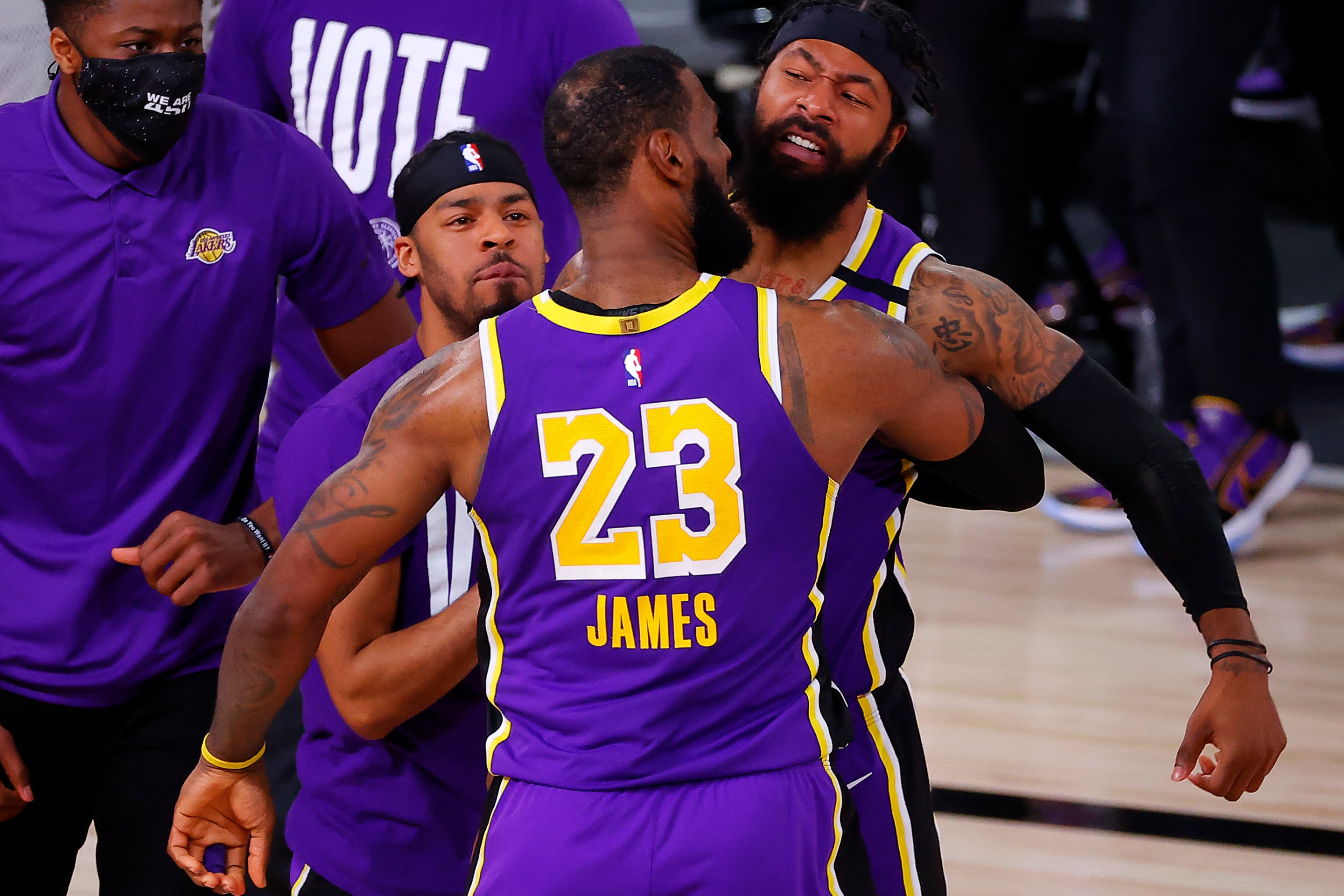 LeBron James and Markieff Morris of the Lakers chest-bump during a victorious Game 5 of the Western Conference Finals.