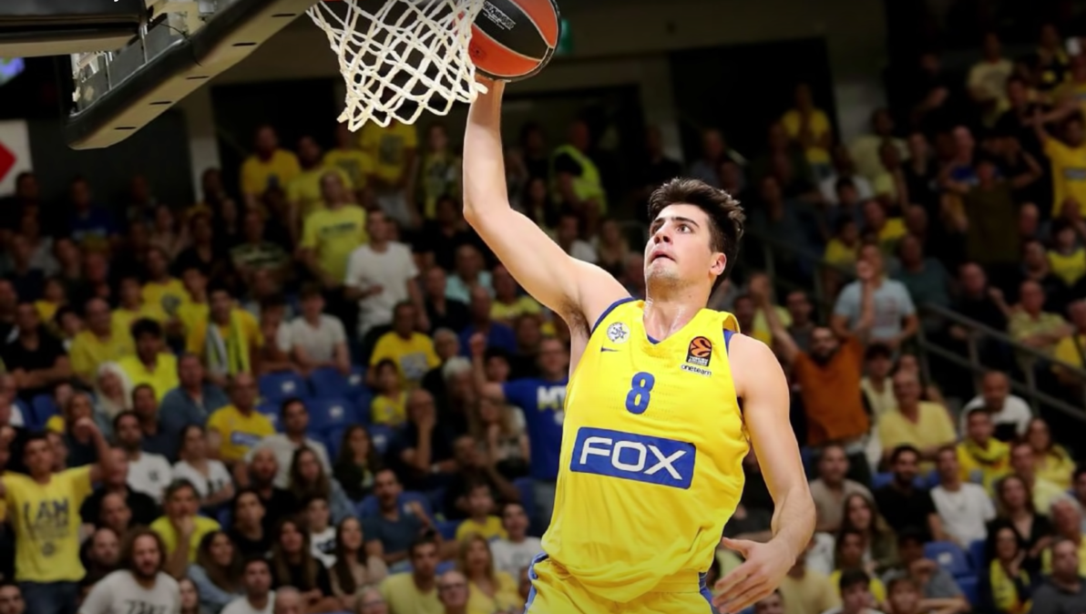 Deni Avdija of Maccabi Tel Aviv prepares to dunk the basketball.