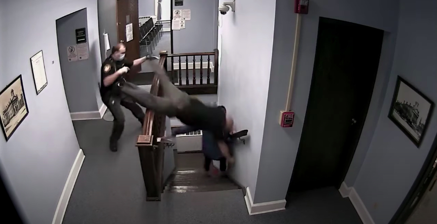 Bailiff dives over staircase railing as he fails to apprehend drug offender