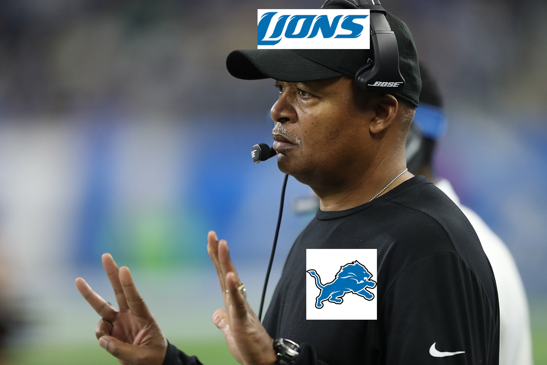 Coach Jim Caldwell with Detroit Lions logos edited onto his shirt and hat