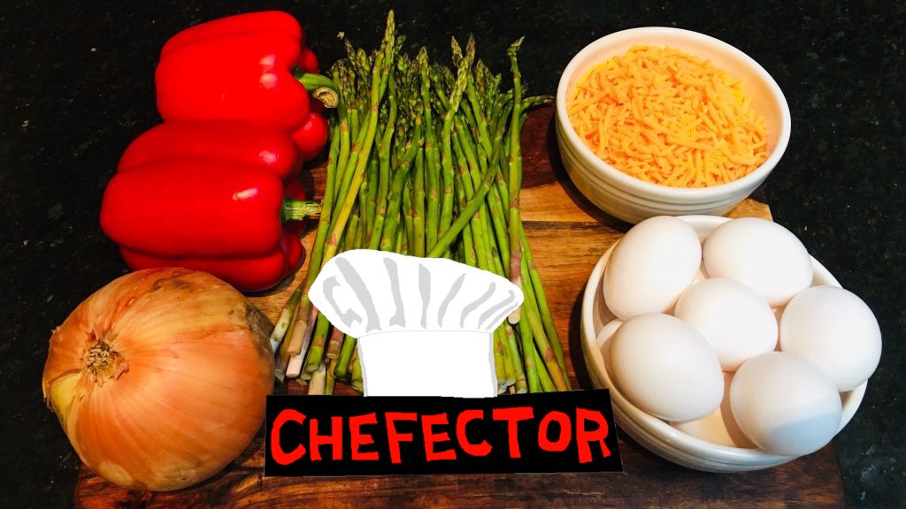 Onion, bell peppers, asparagus, shredded cheese, eggs