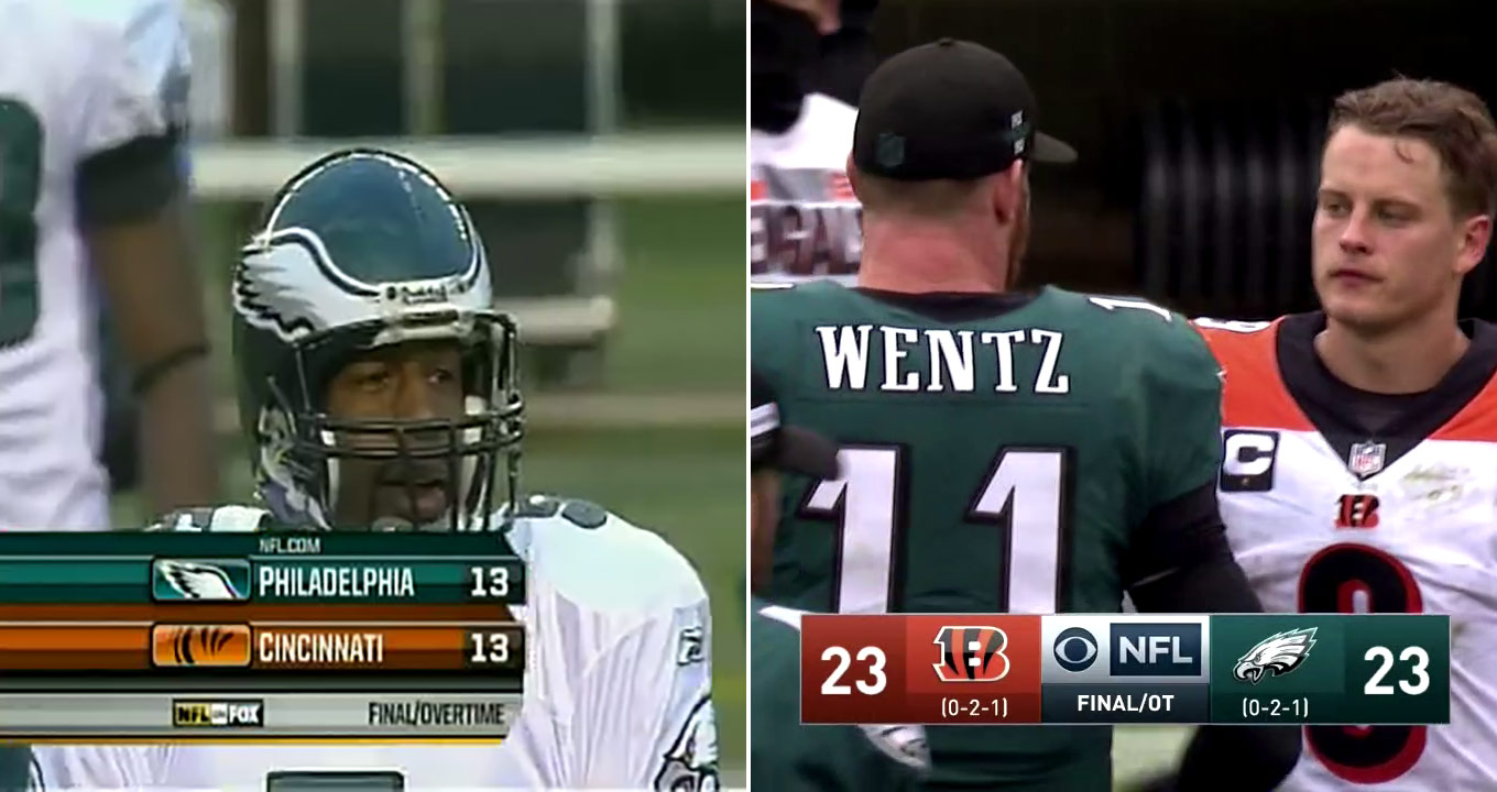 A split image. One side shows Donovan McNabb after a tie in 2008. The other shows Carson Wentz after a tie in 2020. Both games were against the Bengals.