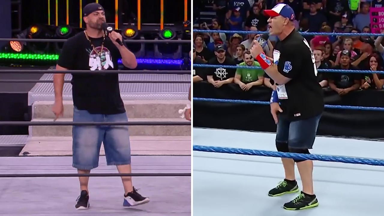 Split screen of Eddie Kingston and John Cena. Both are wearing a baseball cap, a black t-shirt, shorts and sneakers. Kingston's jorts are much larger