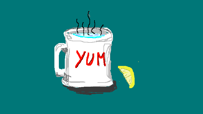 ms paint drawing of a white mug with hot water in it and a lemon