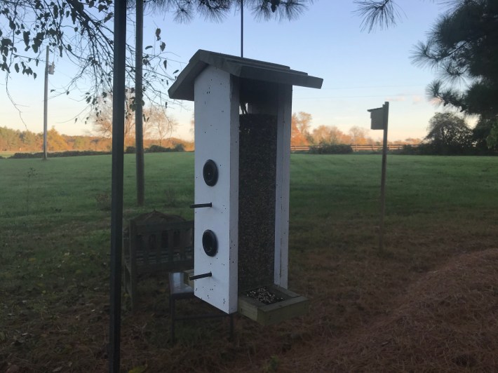 A two-tiered wood feeder with pegs for perching and small recessed holes for accessing the seed.