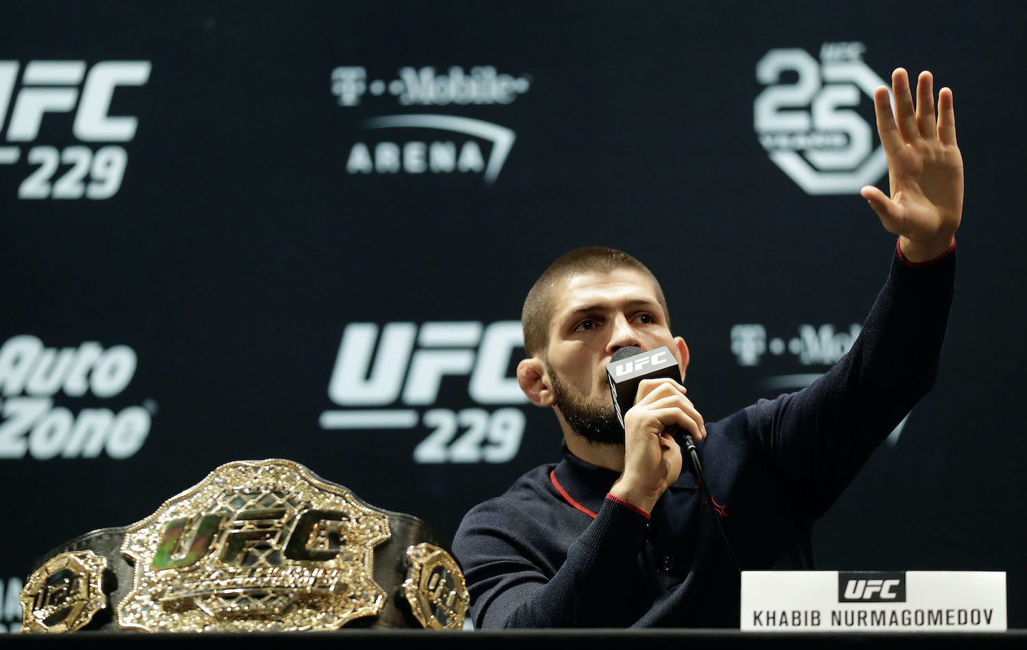 Khabib speaks during a press conference for UFC 229 at Park Theater at Park MGM on October 03, 2018 in Las Vegas, Nevada. McGregor will challenge UFC lightweight champion Khabib Nurmagomedov for his title at UFC 229 on October 6 at T-Mobile Arena in Las Vegas.