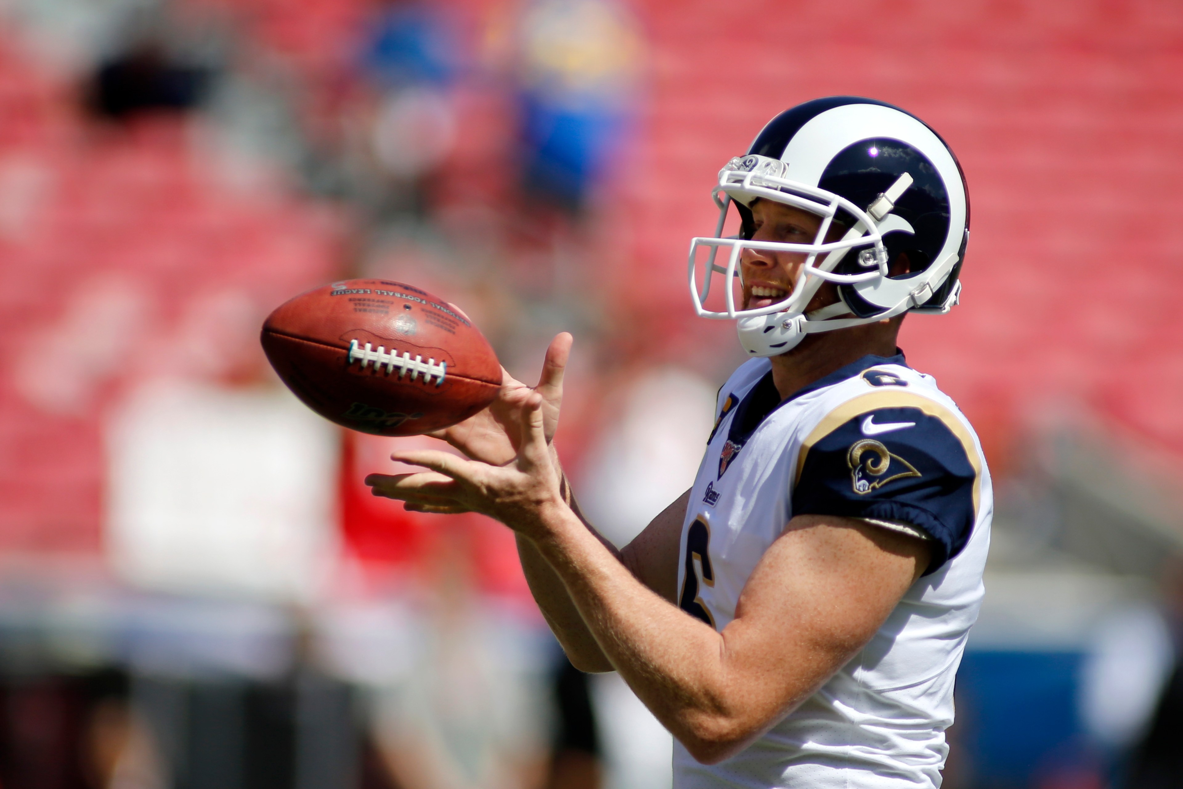 Punter Johnny Hekker of the Los Angeles Rams holds a football
