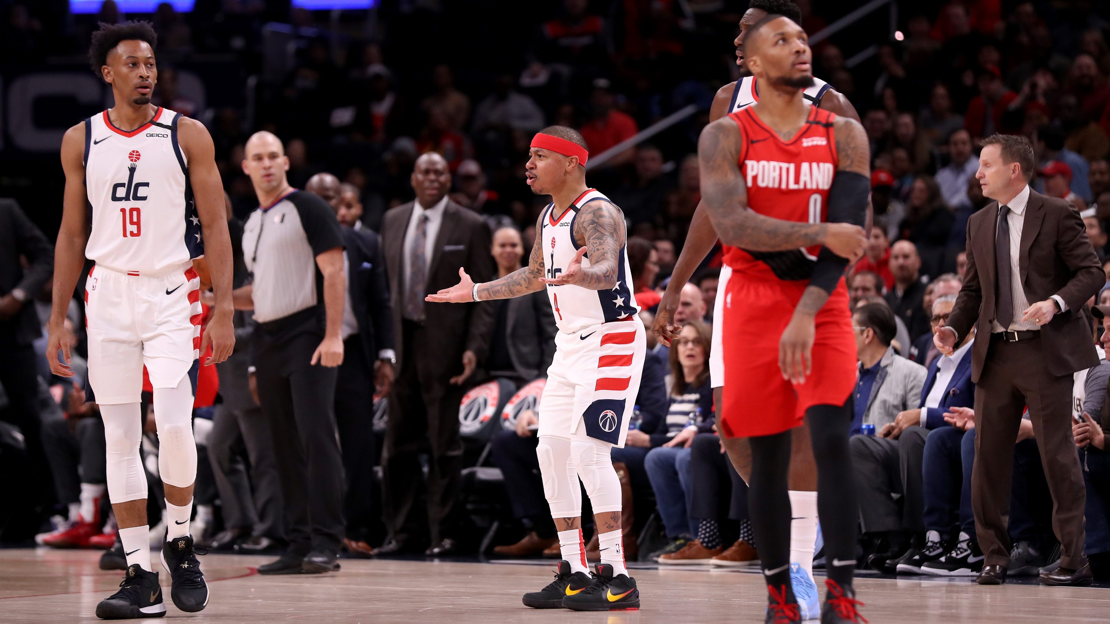Isaiah Thomas of the Washington Wizards reacts after being ejected during the first quarter against the Portland Trail Blazers at Capital One Arena on January 03, 2020 in Washington, DC.