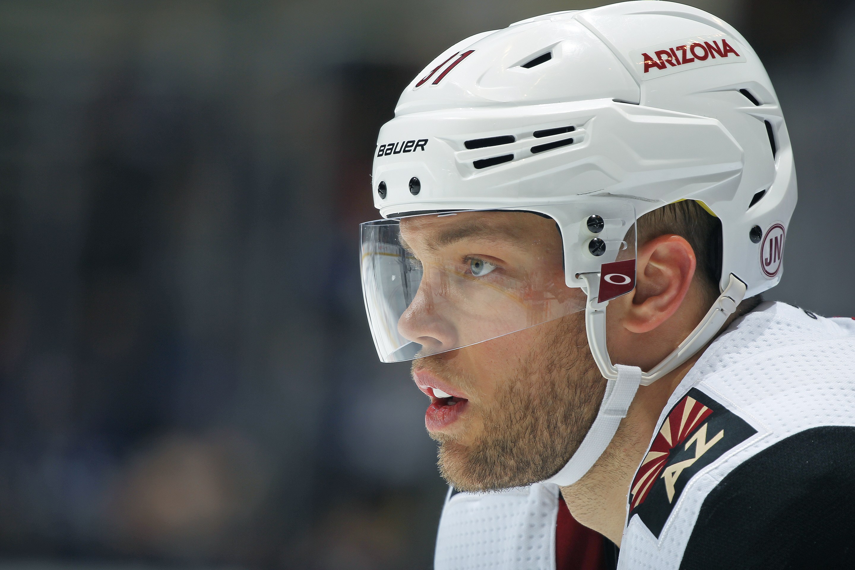 Taylor Hall #91 of the Arizona Coyotes waits for a puck drop