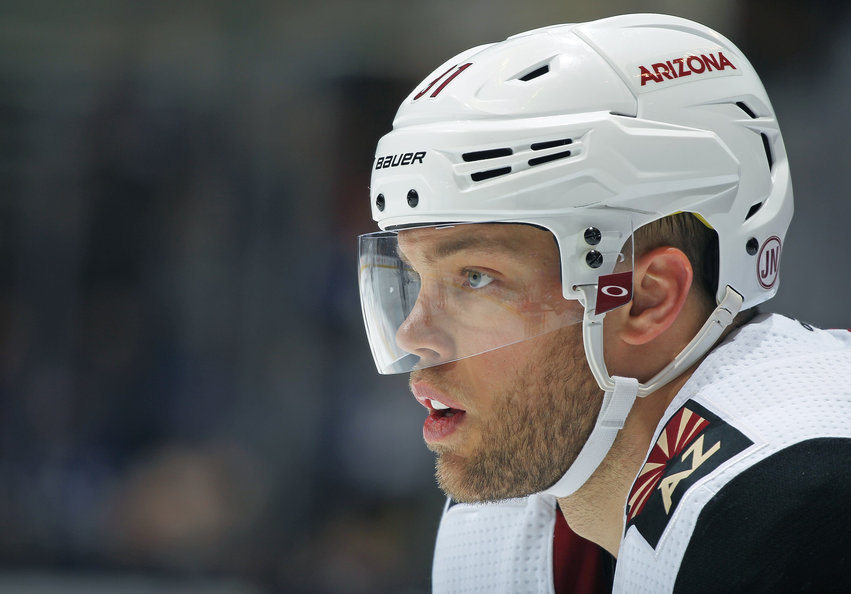 Taylor Hall #91 of the Arizona Coyotes waits for a puck drop