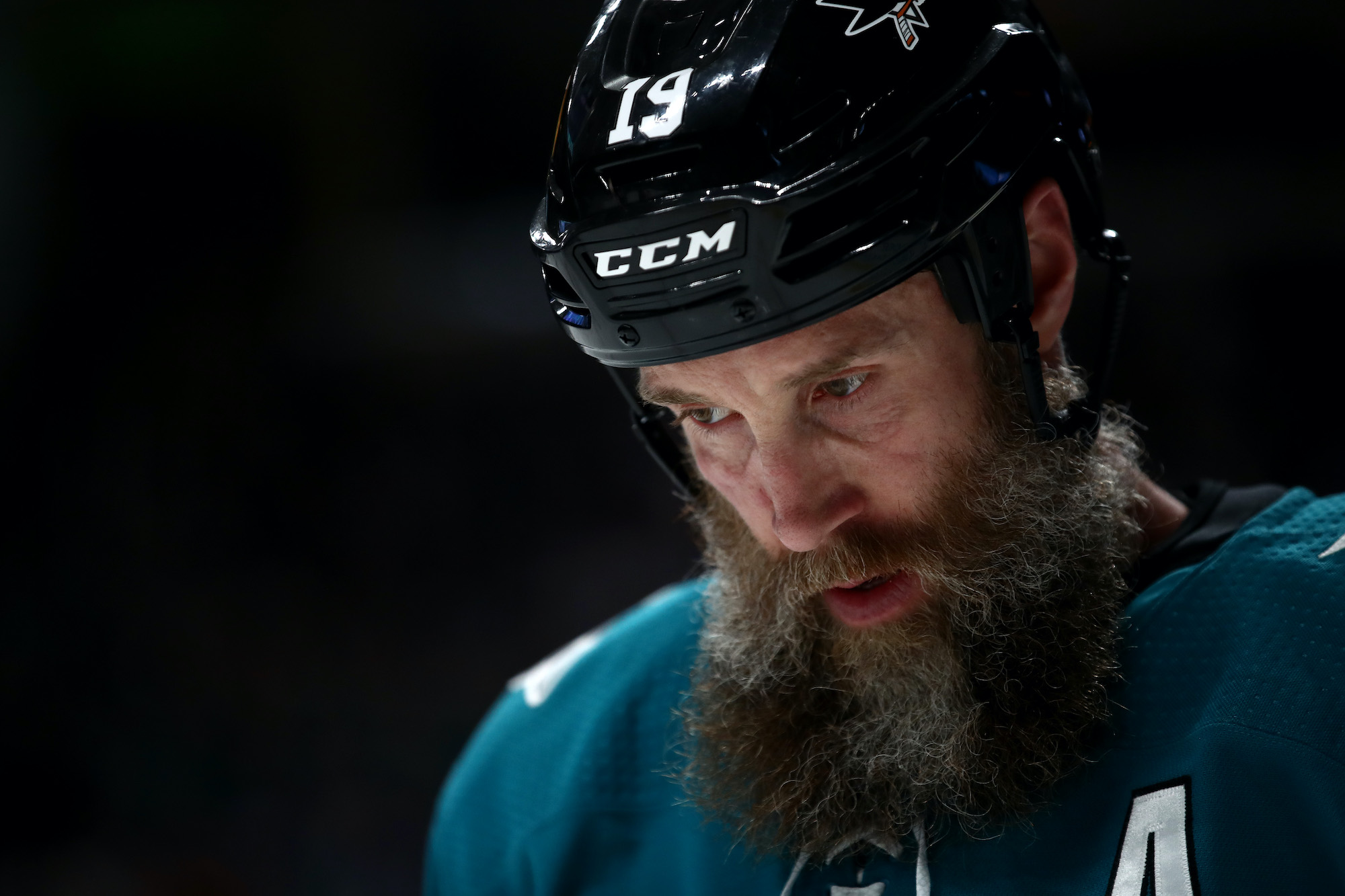 SAN JOSE, CALIFORNIA - MARCH 03: Joe Thornton #19 of the San Jose Sharks skates on the ice during their game against the Toronto Maple Leafs at SAP Center on March 03, 2020 in San Jose, California. (Photo by Ezra Shaw/Getty Images)