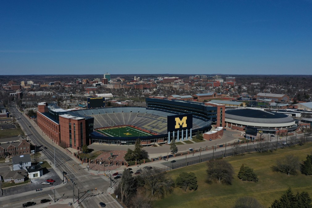 Aerial general view from a drone of of Michigan Stadium and Crisler Center on March 15, 2020 in Ann Arbor, Michigan.