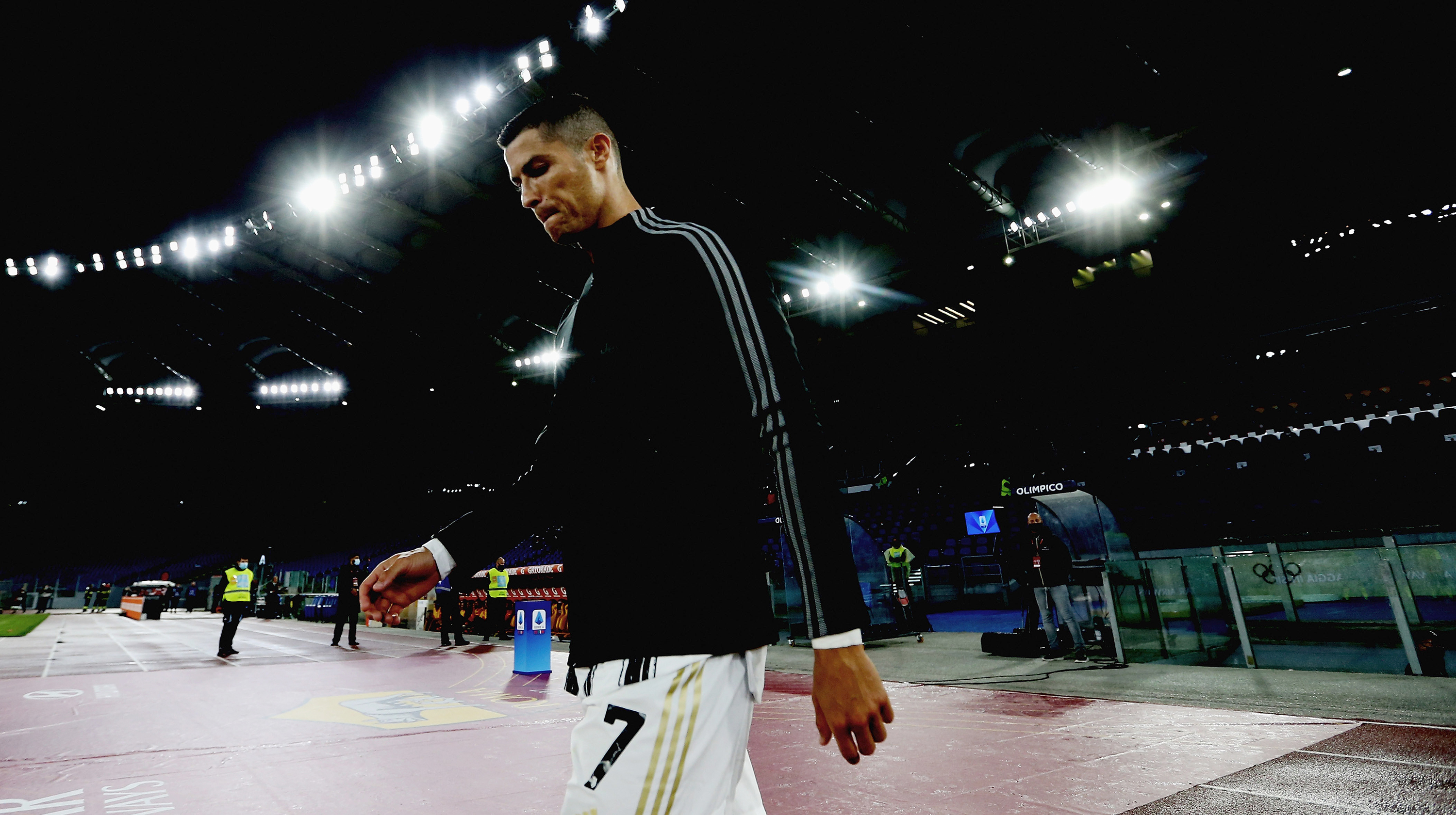 Cristiano Ronaldo of Juventus looks on during the Serie A match between AS Roma and Juventus at Stadio Olimpico on September 27, 2020