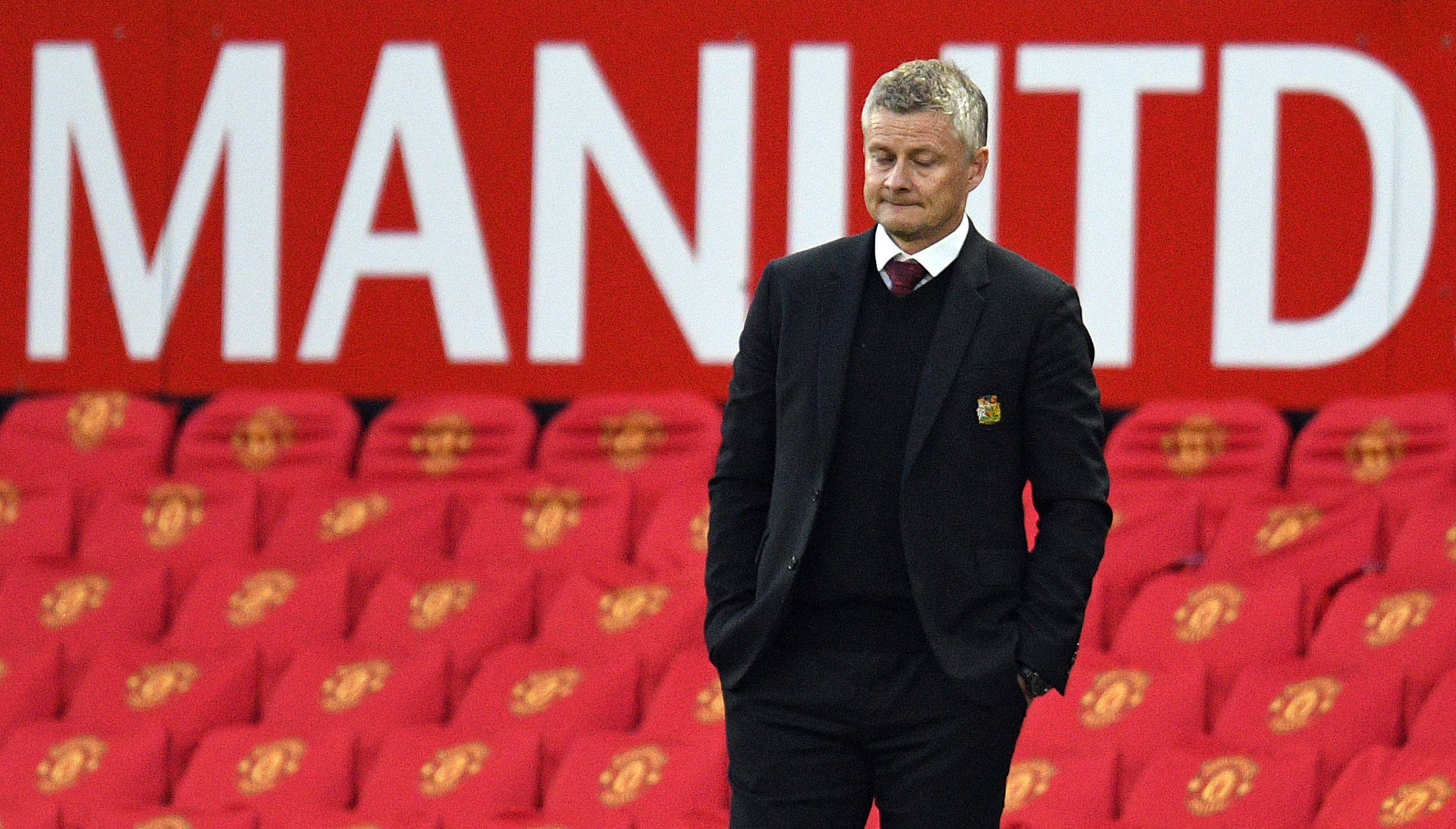 Manchester United's Norwegian manager Ole Gunnar Solskjaer looks on from the sidelines during the English Premier League football match between Manchester United and Tottenham Hotspur at Old Trafford