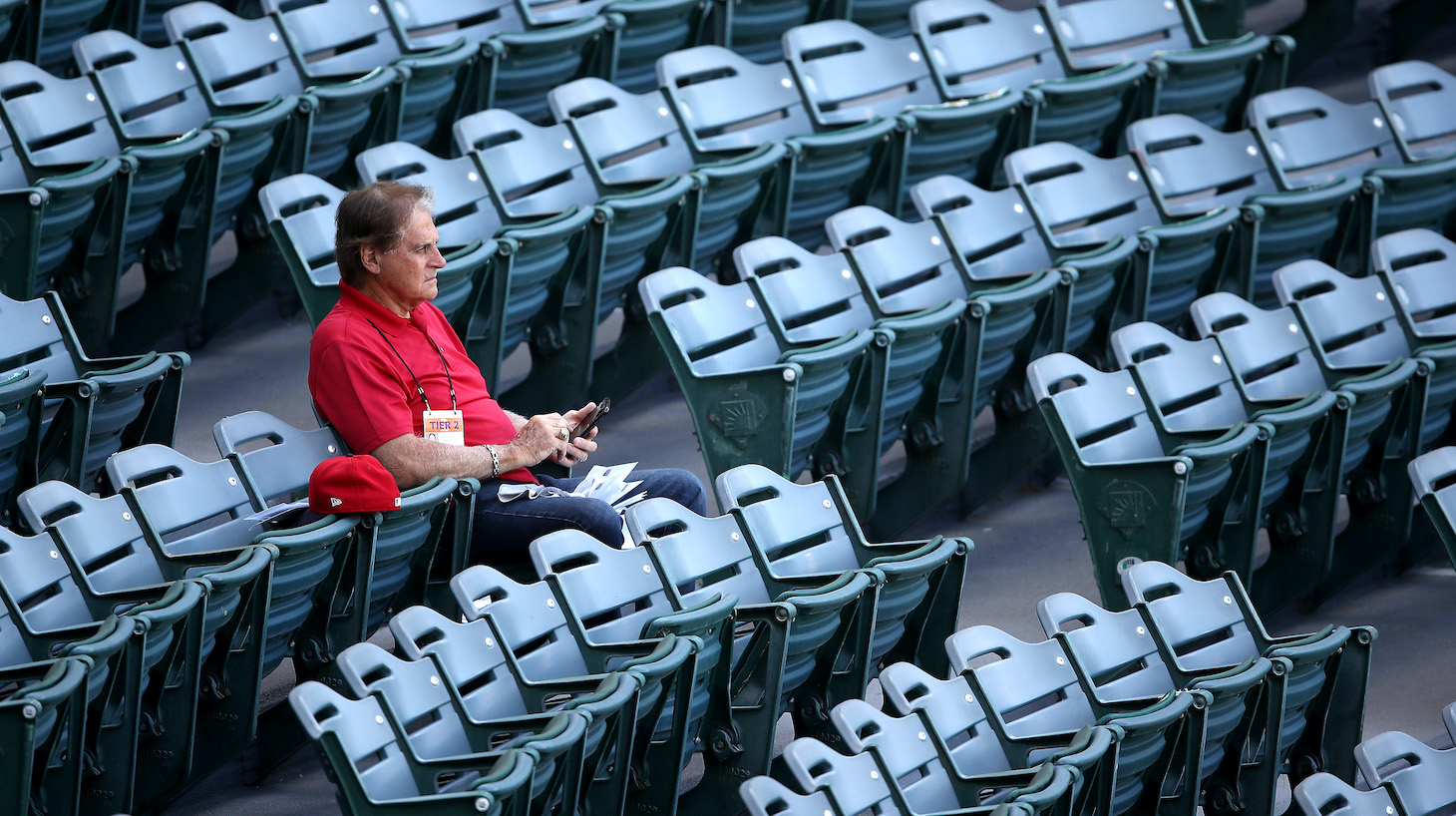 ANAHEIM, CALIFORNIA - JULY 08: Special Advisor Tony La Russa of the Los Angeles Angels looks on during their summer workout at Angel Stadium of Anaheim on July 08, 2020 in Anaheim, California. (Photo by Sean M. Haffey/Getty Images)