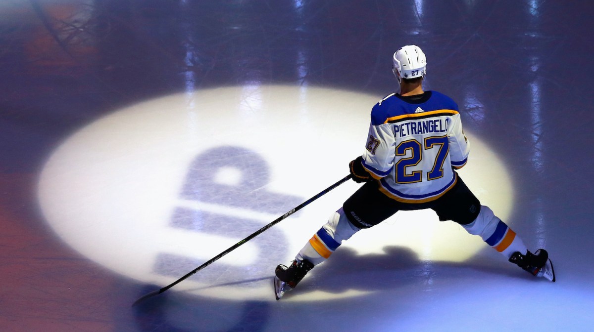 EDMONTON, ALBERTA - AUGUST 17: Alex Pietrangelo #27 of the St. Louis Blues skates prior to the game against the Vancouver Canucks in Game Four of the Western Conference First Round during the 2020 NHL Stanley Cup Playoffs at Rogers Place on August 17, 2020 in Edmonton, Alberta, Canada. (Photo by Jeff Vinnick/Getty Images)