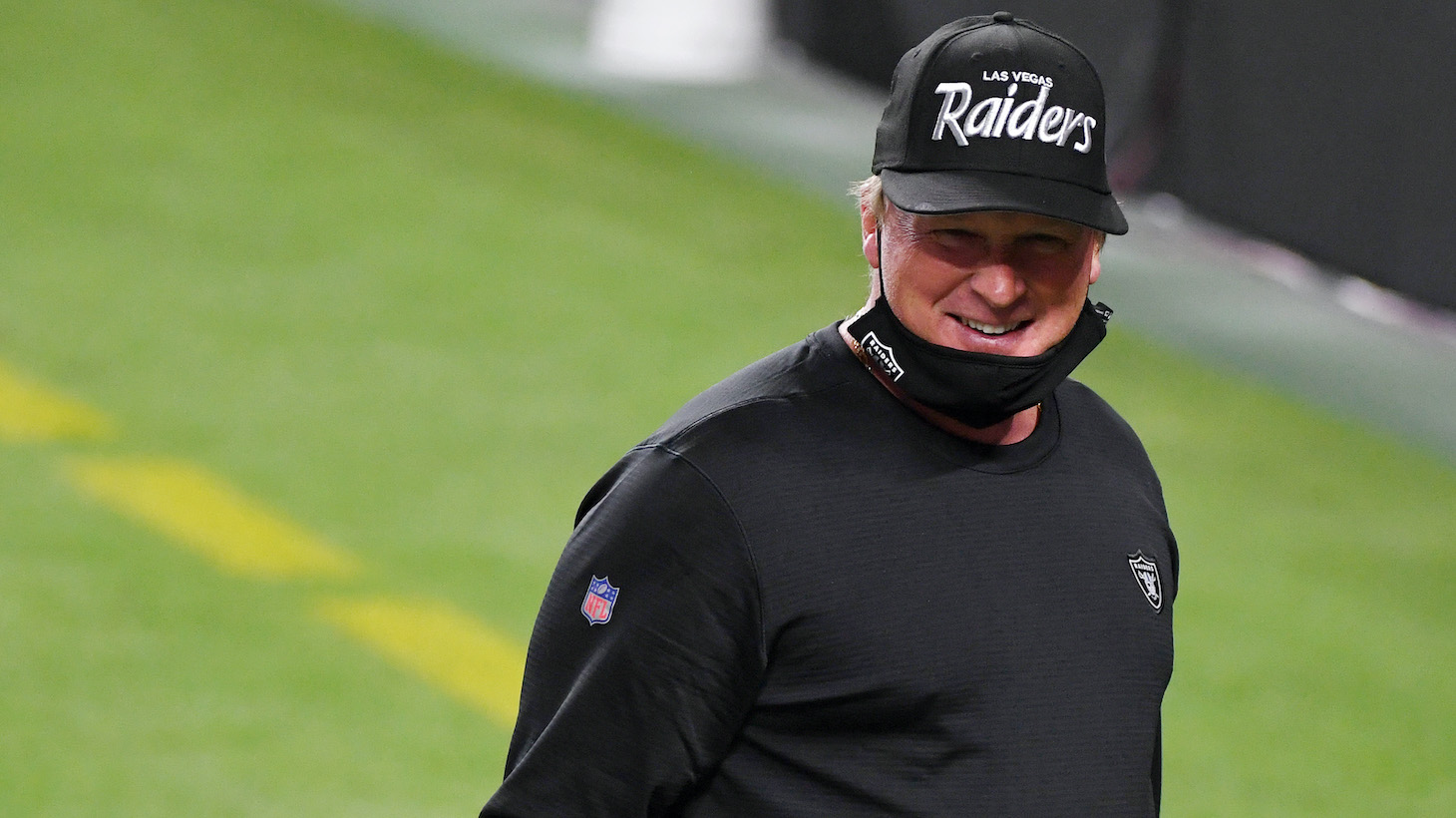 LAS VEGAS, NEVADA - SEPTEMBER 21: Head coach Jon Gruden of the Las Vegas Raiders smiles after the Raiders defeated the New Orleans Saints 34-24 in the NFL game at Allegiant Stadium on September 21, 2020 in Las Vegas, Nevada. (Photo by Ethan Miller/Getty Images)