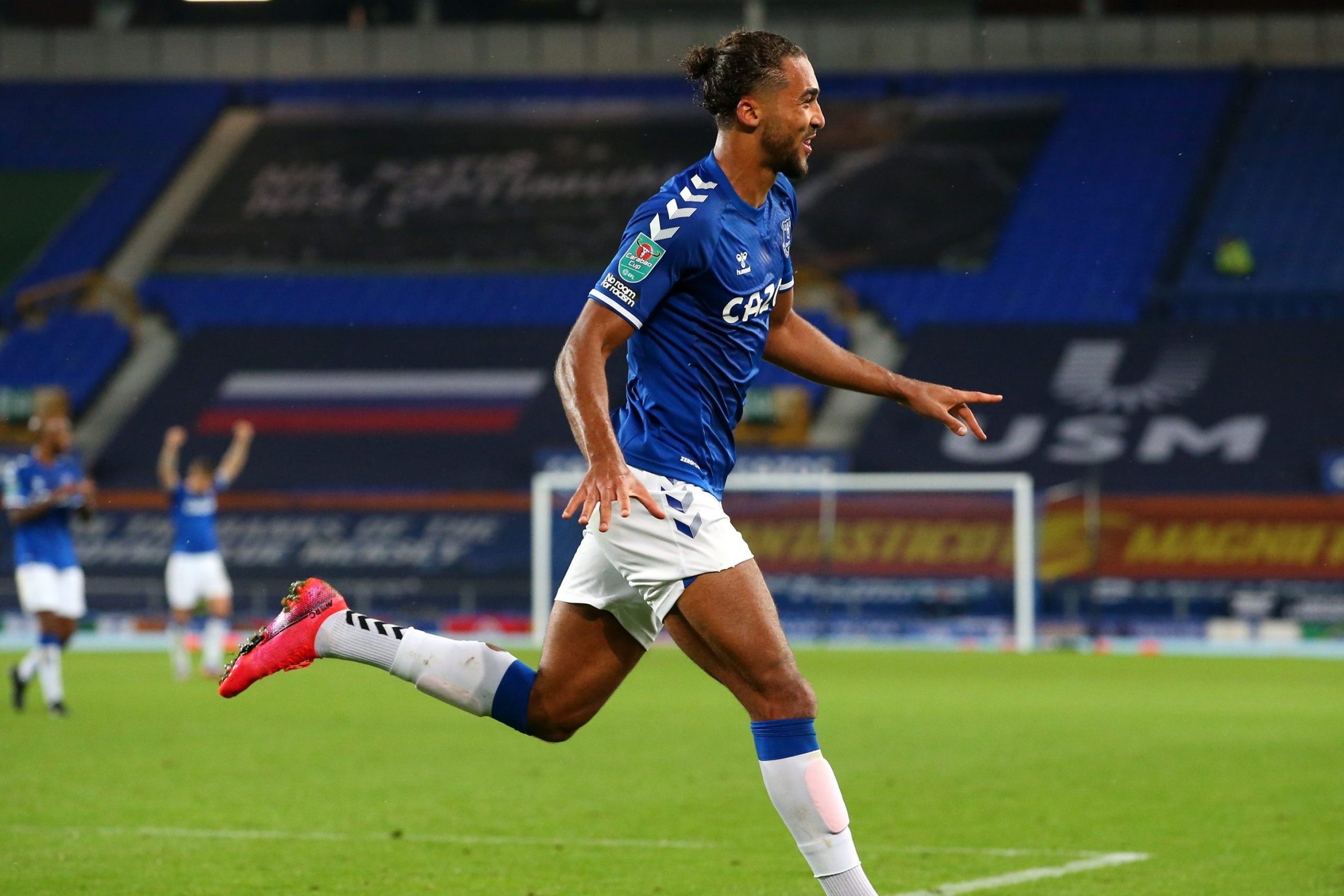 Dominic Calvert-Lewin of Everton celebrates after scoring his sides fourth goal during the Carabao Cup fourth round match between Everton and West Ham United at Goodison Park
