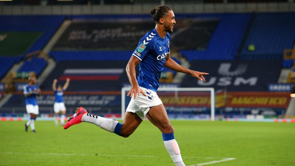 Dominic Calvert-Lewin of Everton celebrates after scoring his sides fourth goal during the Carabao Cup fourth round match between Everton and West Ham United at Goodison Park