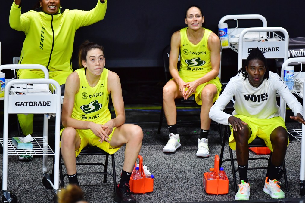 Breanna Stewart #30, Sue Bird #10, and Natasha Howard #6 of the Seattle Storm look on during the second half of Game Two of the WNBA Finals against the Las Vegas Aces at Feld Entertainment Center on October 04, 2020 in Palmetto, Florida.