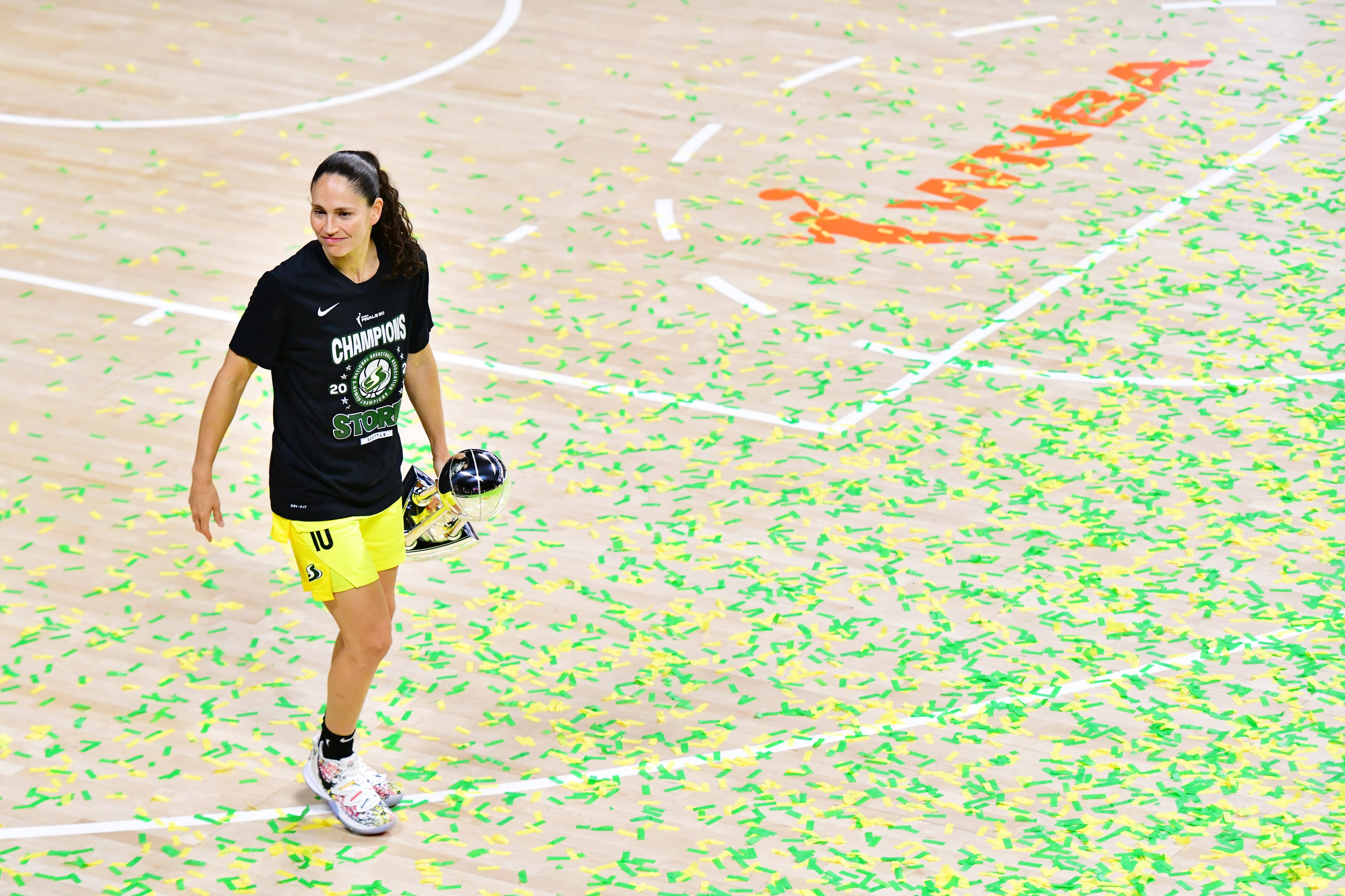 Sue Bird #10 of the Seattle Storm walks across the court after winning the WNBA Championship following Game 3 of the WNBA Finals against the Las Vegas Aces at Feld Entertainment Center on October 06, 2020 in Palmetto, Florida.