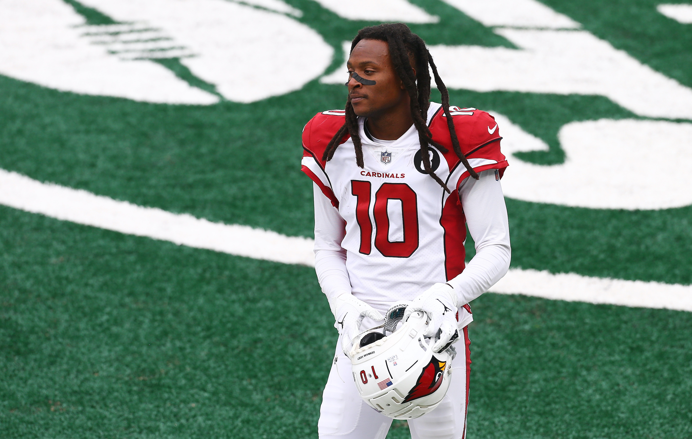 DeAndre Hopkins of the Arizona Cardinals stands with his helmet off.