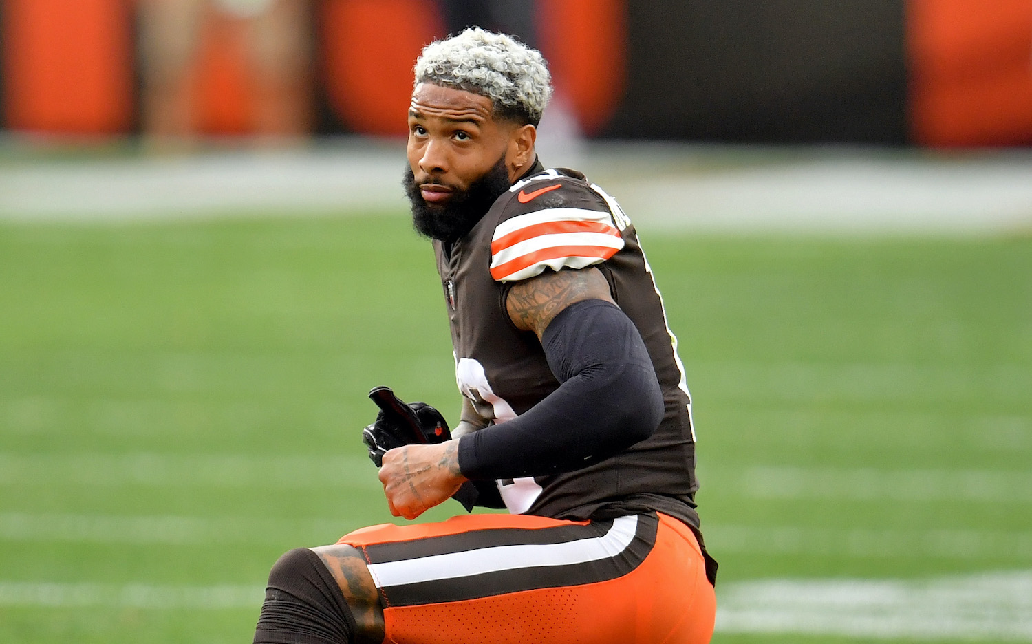 CLEVELAND, OHIO - OCTOBER 11: Odell Beckham Jr. #13 of the Cleveland Browns looks on in the second quarter against the Indianapolis Colts at FirstEnergy Stadium on October 11, 2020 in Cleveland, Ohio. (Photo by Jason Miller/Getty Images)