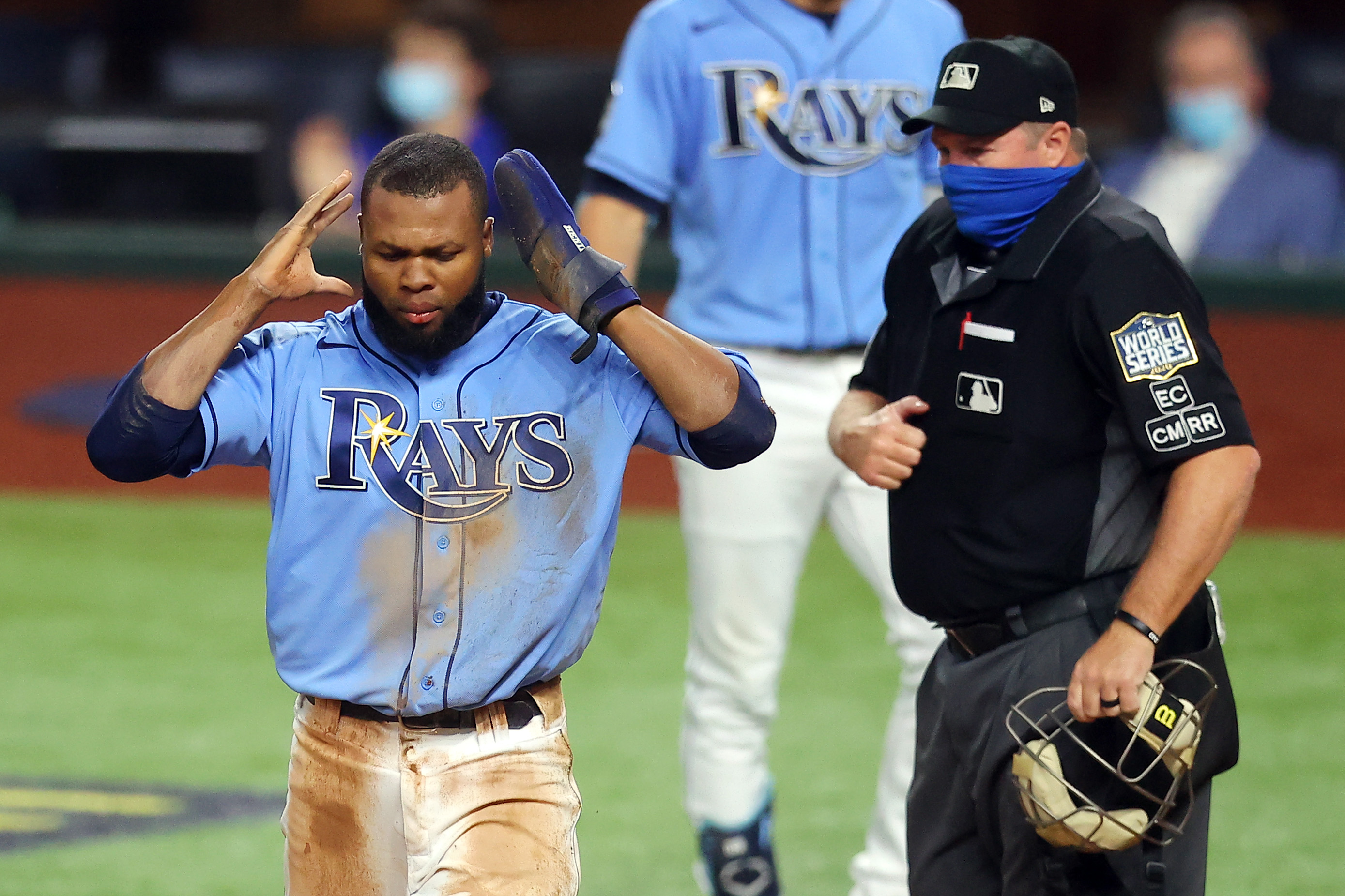 Manuel Margot after being tagged out (or not!) attempting to steal home in Game 5 of the World Series