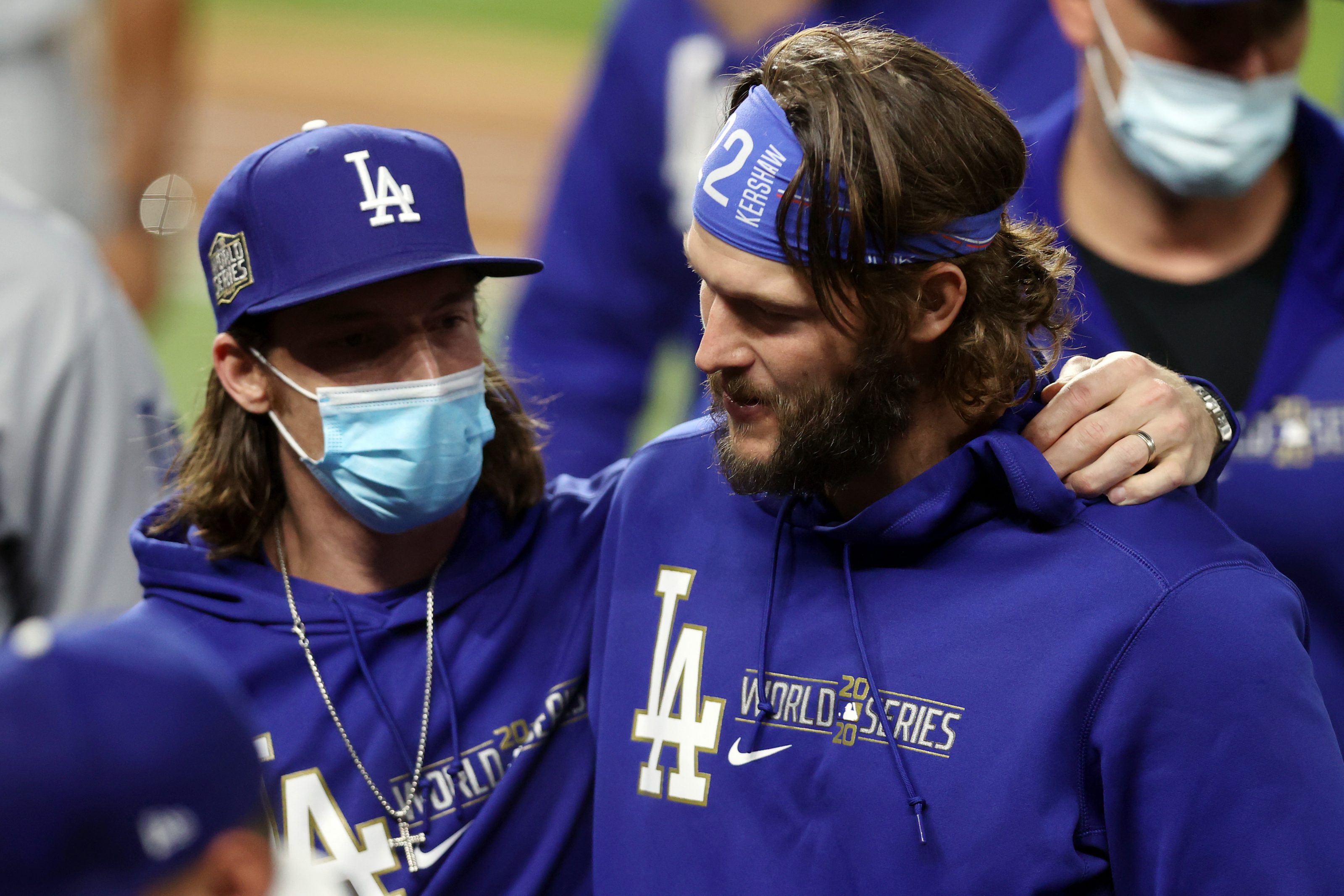 Clayton Kershaw #22 of the Los Angeles Dodgers celebrates with teammates