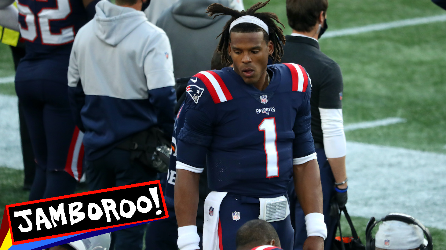 FOXBOROUGH, MASSACHUSETTS - OCTOBER 25:Cam Newton #1 of the New England Patriots looks on from the bench during the game against the San Francisco 49ers at Gillette Stadium on October 25, 2020 in Foxborough, Massachusetts. (Photo by Maddie Meyer/Getty Images)