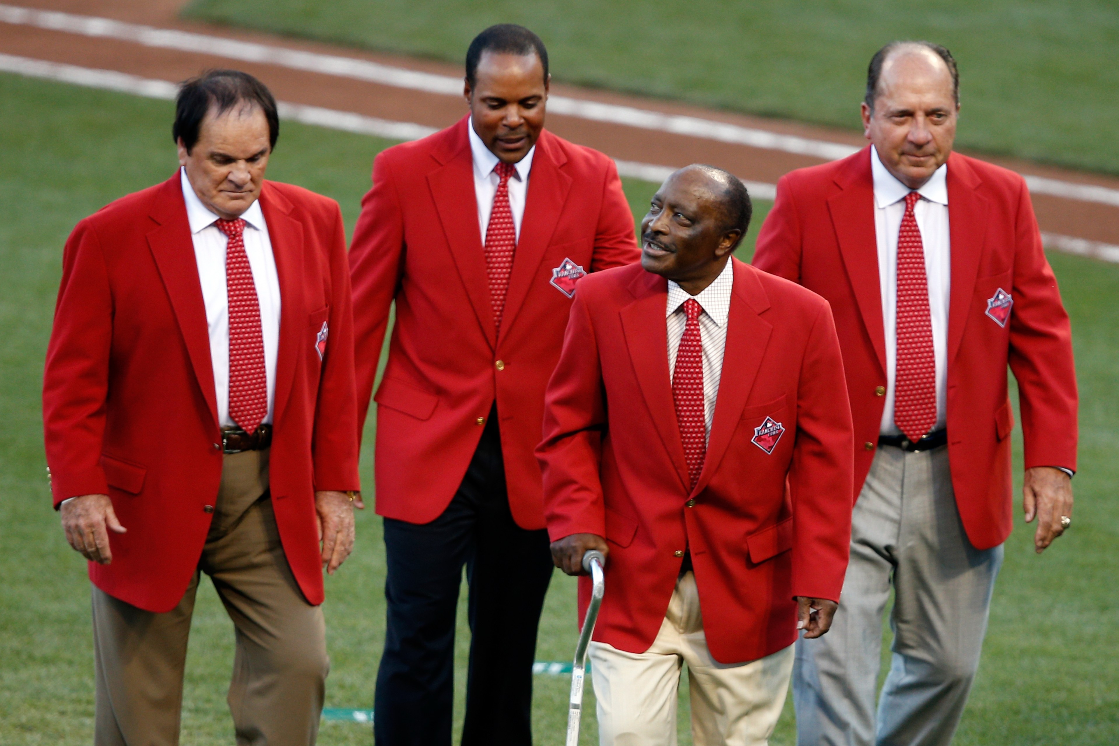 Joe Morgan with fellow Reds legends Pete Rose, Barry Larkin, and Johnny Bench at the 2019 MLB All-Star Game.