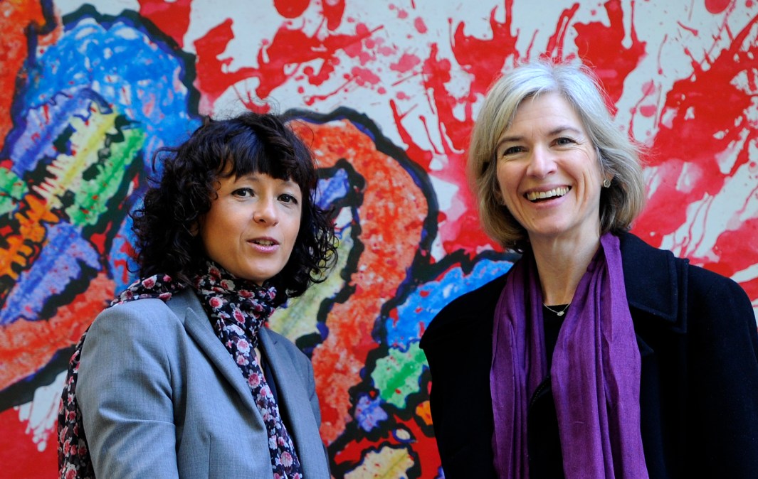 French researcher in Microbiology, Genetics and Biochemistry Emmanuelle Charpentier (L) and US professor of Chemistry and of Molecular and Cell Biology, Jennifer Doudna pose beside a painting made by children of the genome at the San Francisco park in Oviedo, on October 21, 2015.